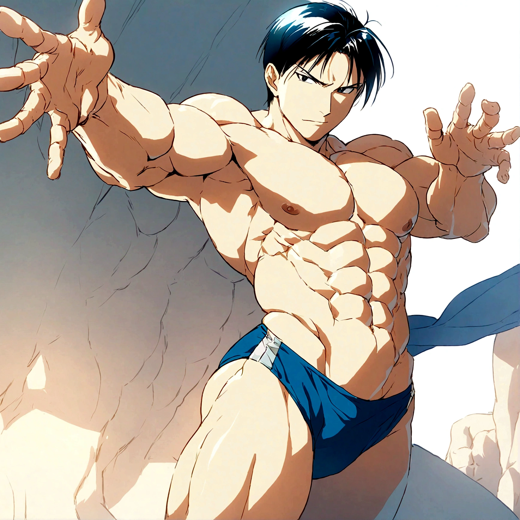 Roy Mustang from Full Metal Alchemist, bodybuilder, shirtless, sexy, abs, big legs, large chest