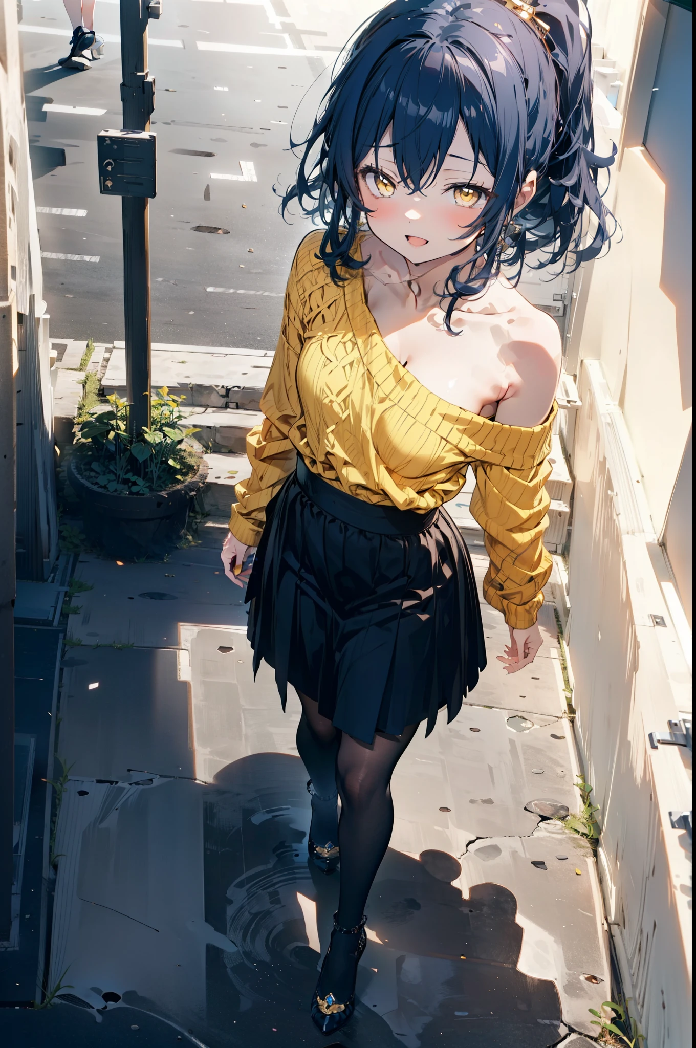 Kamisonoda, Umi Sonoda, Long Hair, ponytail,Blue Hair, (Yellow Eyes:1.5) (Flat Chest:1.2),happy smile, smile, Open your mouth,One-shoulder sweater,Long skirt,Black pantyhose,Stiletto heels,Daytime,Clear skies,walking,
break looking at viewer,whole body,
break outdoors,School,school gate,
break (masterpiece:1.2), highest quality, High resolution, unity 8k wallpaper, (figure:0.8), (Beautiful fine details:1.6), Highly detailed face, Perfect lighting, Highly detailed CG, (Perfect hands, Perfect Anatomy),