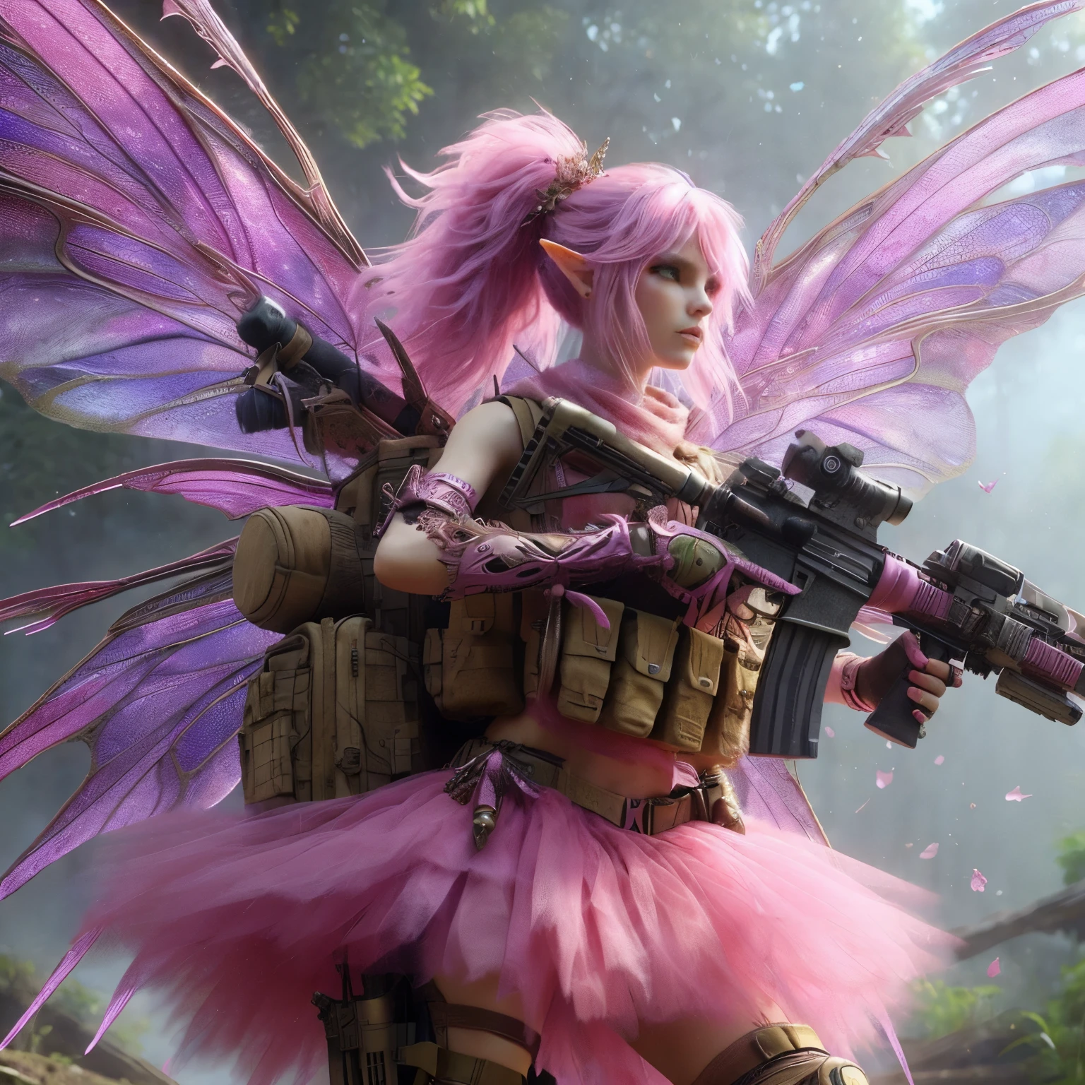 A pink haired Tuff Warrior Fairy Female, 2 extremely large violet elegant fairy wings, wearing a pink tutu and panties, and combat fatigues and tan pink black and gold colored marine miliary armor, forest village dystopian word at war, fairy fighting like mad with machine guns in hand to restore order 24k resolution, hyperdetailed photorealistic, sci-fi impressionist art style
