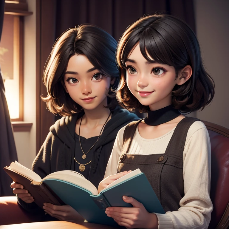(Highest quality, masterpiece: 1,1), (owl, black eyes, bright smile), brown skin, short-haired boy with cute long-haired girl reading magic book, detail, 8K