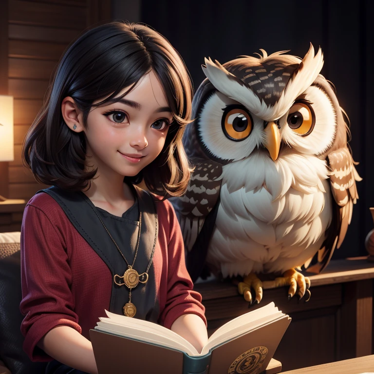 (Highest quality, masterpiece: 1,1), (owl, black eyes, bright smile), brown skin, short-haired boy with cute long-haired girl reading magic book, detail, 8K