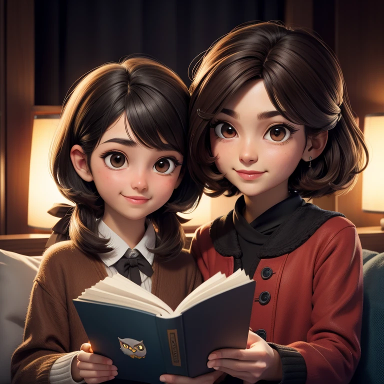 (Highest quality, masterpiece: 1,1), (owl, black eyes, bright smile), brown skin, short-haired boy with cute long-haired girl reading magic book, detail, 8K
