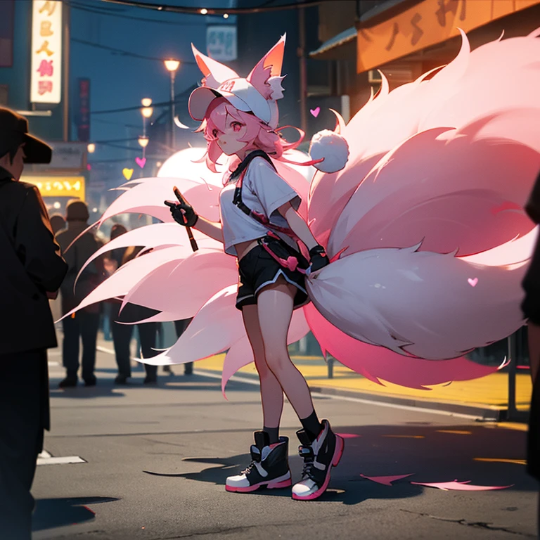 Light pink hair，White Cap T，Wearing a hat with fox ears on it，black shorts，Hands than hearts，Standing in the bustling night market，night，Light and shadow enhancement