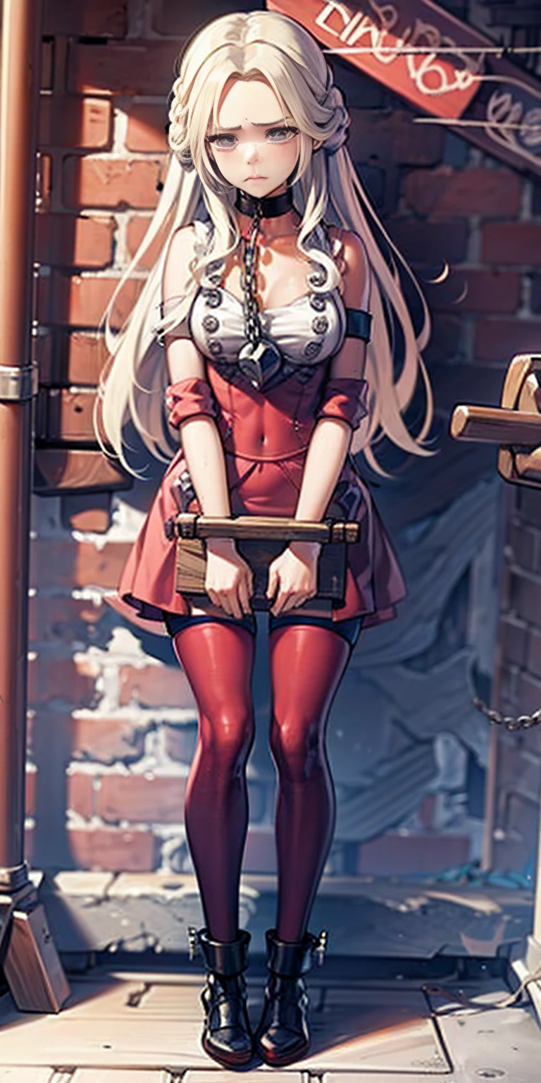 (masterpiece, best quality), intricate details, 1girl, 1girl in, age19, Solo, Long hair, Colossal, Looking at Viewer, blond hair, Alexis Texas (standing full body toe to head by wooden pole:1.2) iron collar, arms behind back, iron cuffs, shackles, bound, bondage outfit, harness, o-ring, bondage outfit blindfolded, happy red cheeks, chain leash collar choker neck bell shackles wristbands bracers bracelets, cleave gag, sad face, red cheeks, cryings tears, painful (she was sold and betrayed by her own family)
