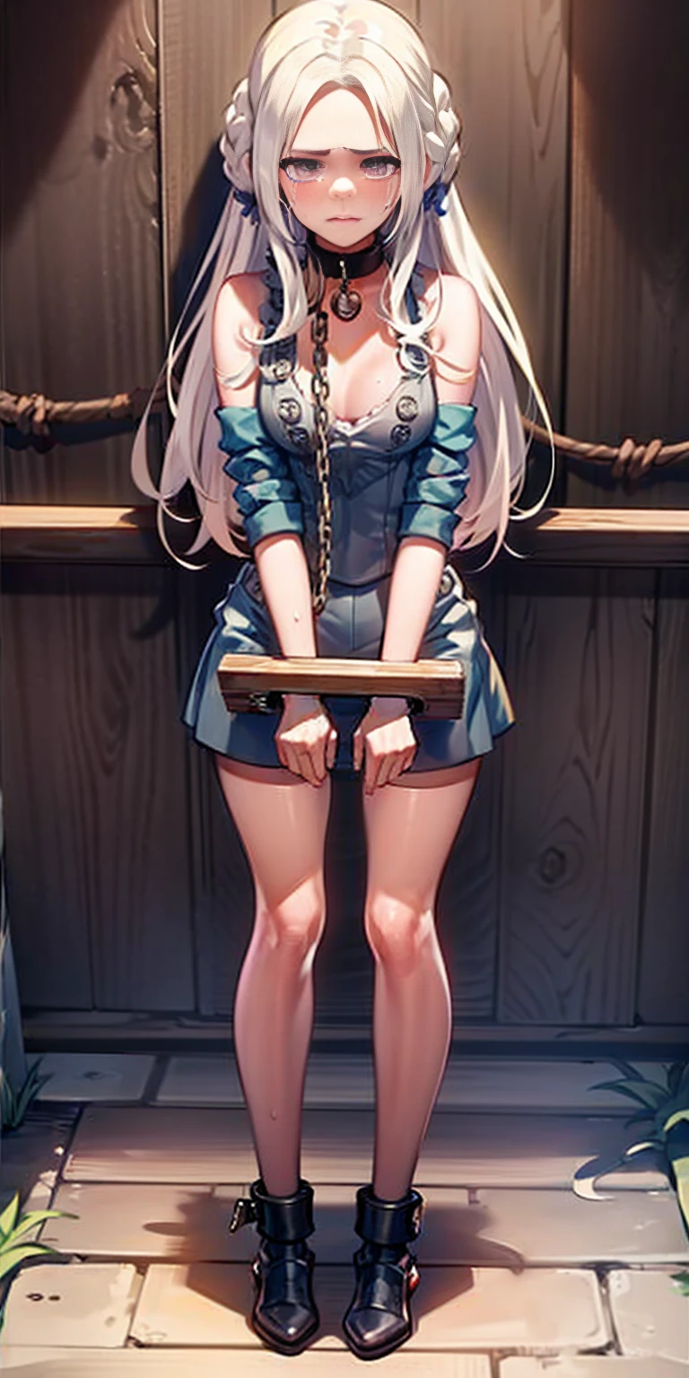 (masterpiece, best quality), intricate details, 1girl, 1girl in, age19, Solo, Long hair, Colossal, Looking at Viewer, blond hair, Alexis Texas (standing full body toe to head by wooden pole:1.2) iron collar, arms behind back, iron cuffs, shackles, bound, bondage outfit, harness, o-ring, bondage outfit blindfolded, happy red cheeks, chain leash collar choker neck bell shackles wristbands bracers bracelets, cleave gag, sad face, red cheeks, cryings tears, painful (she was sold and betrayed by her own family)