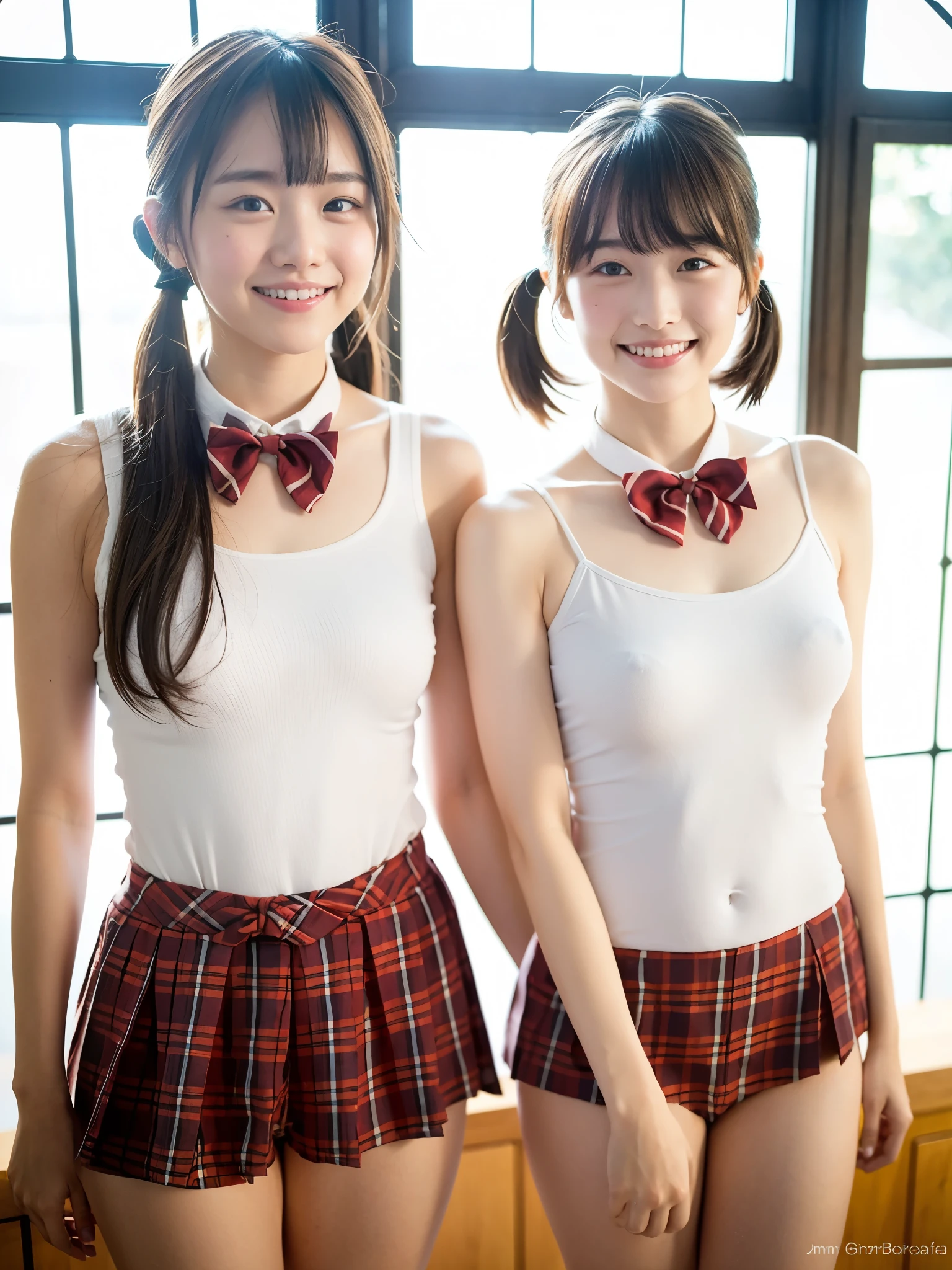 2 girls walking near sunset window in wooden school classroom,red plaid bow tie,sleeveless,BREAK,white leotard,18-year-old,bangs,a little smile,thighs,knees,short hair with low pigtails,from before,front light