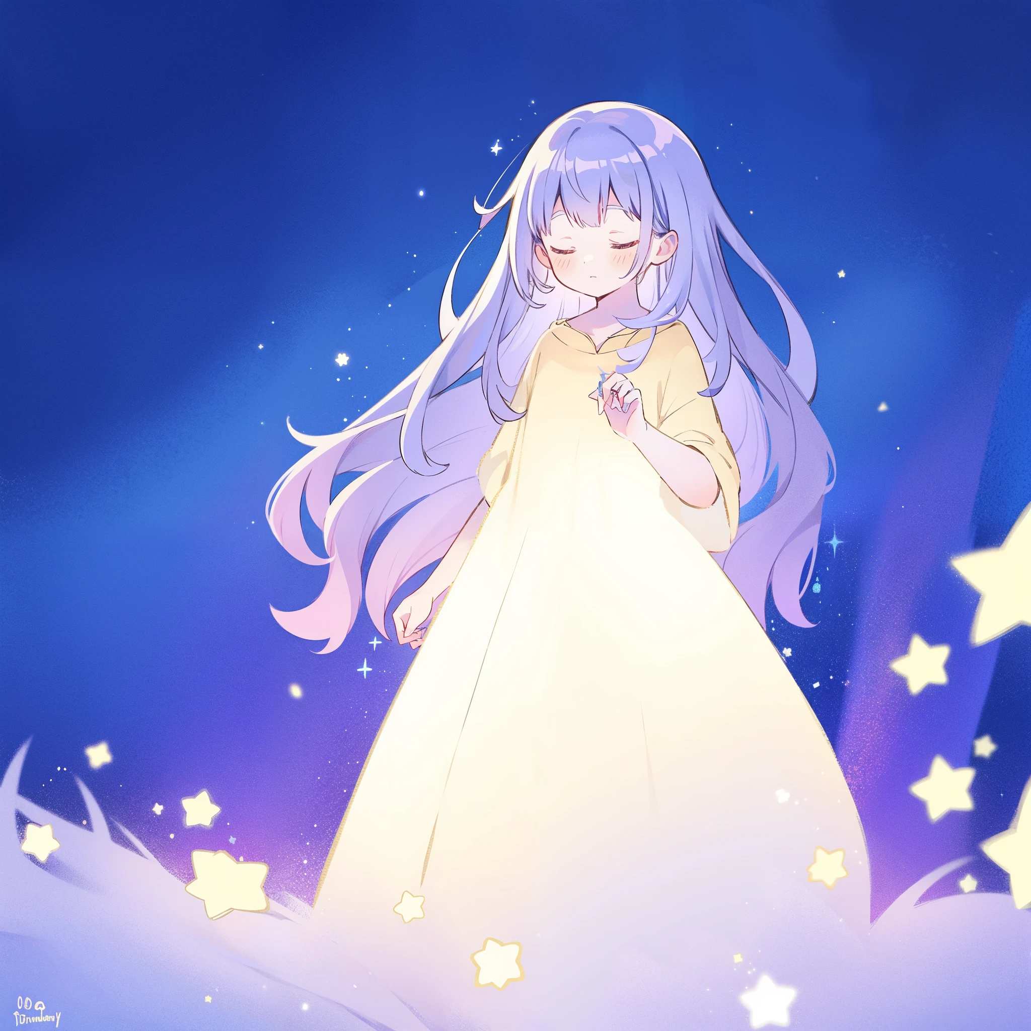 wishing star background, gradient purple blue hair, a woman wearing an ethereal translucent dress made of stars, dreamy, peaceful, serene composition, glowing stars, glowing, complex drawing, highly detailed, ethereal, starry night, midjourney style