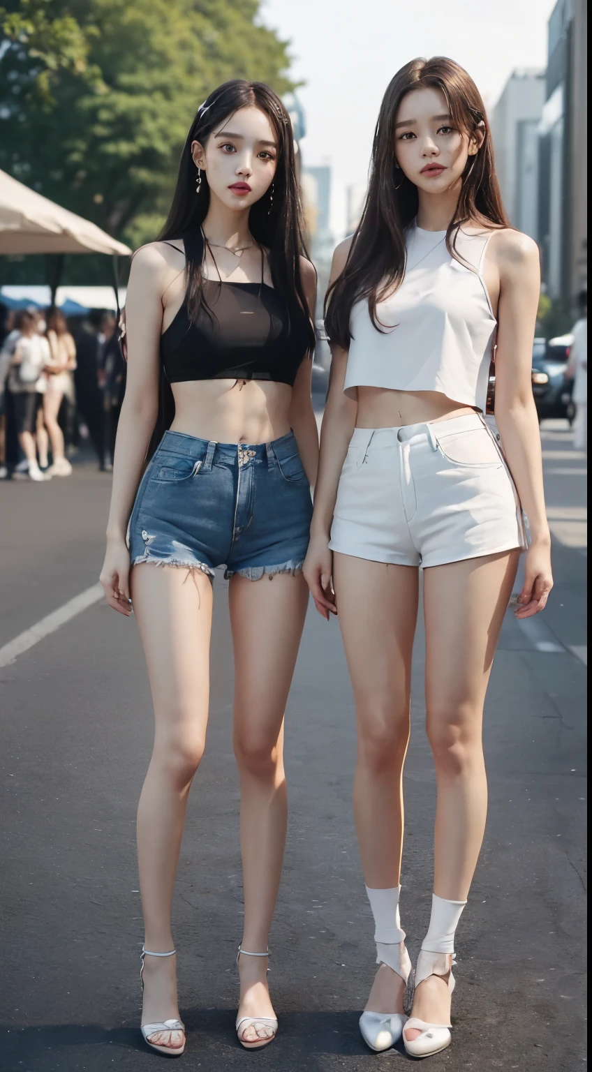 (8k、Raw photo、最high quality、masterpiece:1.5),((((Both of them stand with their legs apart:1.9)))),(((Both of them have an inseam that is more than half their height.:1.6))),((Both of them have bare legs.:1.3)),((Both of them are extremely slim:1.2)),((((Both girls look exactly like K-pop star Wonyoung:1.9)))),((Both of them have very long, slender legs.:1.6)),((The two have perfect supermodel style:1.3)),(((((Both of them take full body shots:1.8))))),(((Both of you should face your whole body straight ahead.:1.8))),(((Photographed from below to show the whole body of the legs so that they look longer.:1.6))),(((Both of them have super-strong abs:1.9))),(Both of them are wearing short, see-through white camisoles.:1.4),(((Both of them are extremely exposed.:1.5))),((Standing in the brightly lit outdoor area of a motor show:1.5)),Skin irregularities are reproduced in minute detail:1.4, (Super thin waist: 1.2),((Sunny afternoon:1.3)),(both of them are the same height:1.3),(((Both of them have amazingly slim figures.))),((Both of them are wearing super micro shorts.:1.4)),(Both of you stand with your legs straight and without bending your knees.:1.3),((They're both the same height:1.3)),((Dazzling Midsummer)),(((Shooting the whole body from calf height:1.5))),(Both of them have the slender bodies of well-trained track and field athletes.:1.5),(Super muscular body:1.5),Super toned waist,(Big boobs but no bra),(((Both of their erect nipples are visible through the fabric.))),(Both of them are covered in sweat),((Both are 173cm tall:1.4)), Thin buttocks,1Detailed reproduction of the navel,(完璧なSuper thin thighs),((Both are )),Highly detailed face and skin texture,Fair Asian Skin, Ultra-Realistic Details, (Very small hips:1.3),Large firm breasts, Super long thighs,(Super thin thighs),(Super slim calves),((Small Ass)),(Super thin waist:1.3),((White high heels)),lengthen limbs,(Both of them have slim, toned ankles.:1.2),(((Wide open abdomen:1.5))),Hands on hips,Both of them face forward,Super long arms,Thin hands,(Black hair ponytail),((Both of them stand up straight.)),(Keep your hips facing forward:1.5),Both of them are beautiful with 8-head body proportions.,Very thin ankles,The arms are very slender and muscular,The legs are super slender and muscular,Make your arms thinner,Super slim and muscular legs,Both of them have super long legs.,The middle of the thighs are very thin,(Super muscular and extremely slim calves),(Super muscular and slim thighs),(Very tight waist:1.2),((Both of them have an inseam that is more than half their height.の美脚:1.5)),Extremely thin thighs,Fine skin,Firm skin,(((Both of them should fit from the top of their heads to the toes of their heels.:1.5))),(((Both have beautiful legs))),(Both of them are super muscular and have slim legs.:1.2),(toned thin legs:1.2),Front lighting,((A little overexposed)), Super detailed, High detail, high quality, Awards,High resolution,(((Anatomically correct)))