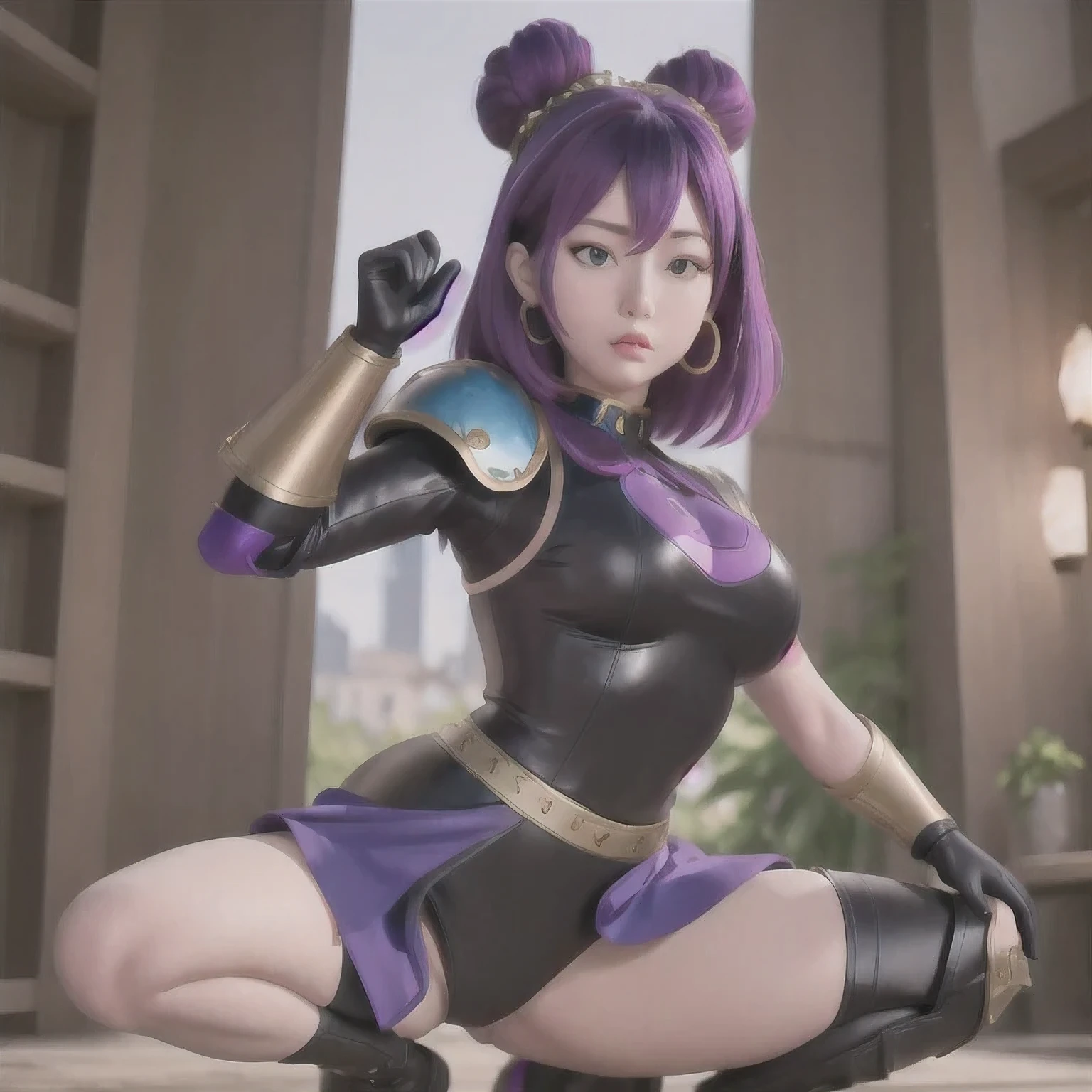 araffe with purple hair and black gloves posing in a blue outfit, anime girl cosplay, thicc, the anime girl is crouching, misato katsuragi, anime cosplay, cosplay, mayuri shiina, seductive anime girl, tifa, cosplay photo, beautiful anime girl squatting, closeup shot, ayaka cosplay, full-cosplay, purple body,Girl in linen dress poses for photo, Attractive anime girl, Image Quality，Photo anime, OPPO masterpiece, 3D animation realistic, 4K, Artwork in the style of Guweiz, Tick, Oppei Cyberpunk, , Popular on cgstation, surreal anime，there is a 18 years old in a purple dress holding a dragon, wlop and ross tran, ross tran 8 k, fantasy art style, chengwei pan on artstation, a beautiful fantasy empress, ross tran and wlop, ruan jia and artgerm, the dragon girl portrait, ig model | artgerm, artgerm and ruan jia，beautiful 1girl bangs 淡绿 eyes closed mouth ear piercing earrings grey background hair ornament jewelry lips looking at viewer military military uniform nose piercing portrait realistic short hair simple background solo upper body，（（（Bust Close-up）））An award-winning image of a purple pink black robot in a photography competition, equipped with goggles, green sci-fi armor, white armor set, orange obsidian armor, blue armor, and red white heavy armor. Dramatic and smooth copper armor, heavy black stone armor, vine armor, black gold armor, complex brass armor, lock armor, gilded body armor, leather armor, heavy platinum armor