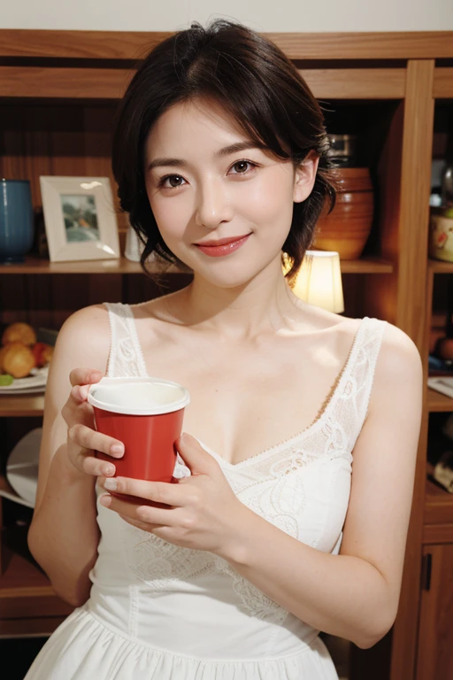 highest quality、masterpiece、High sensitivity、High resolution、Mature Woman、４８Old body、Bust Size（A Cup）、White dress、