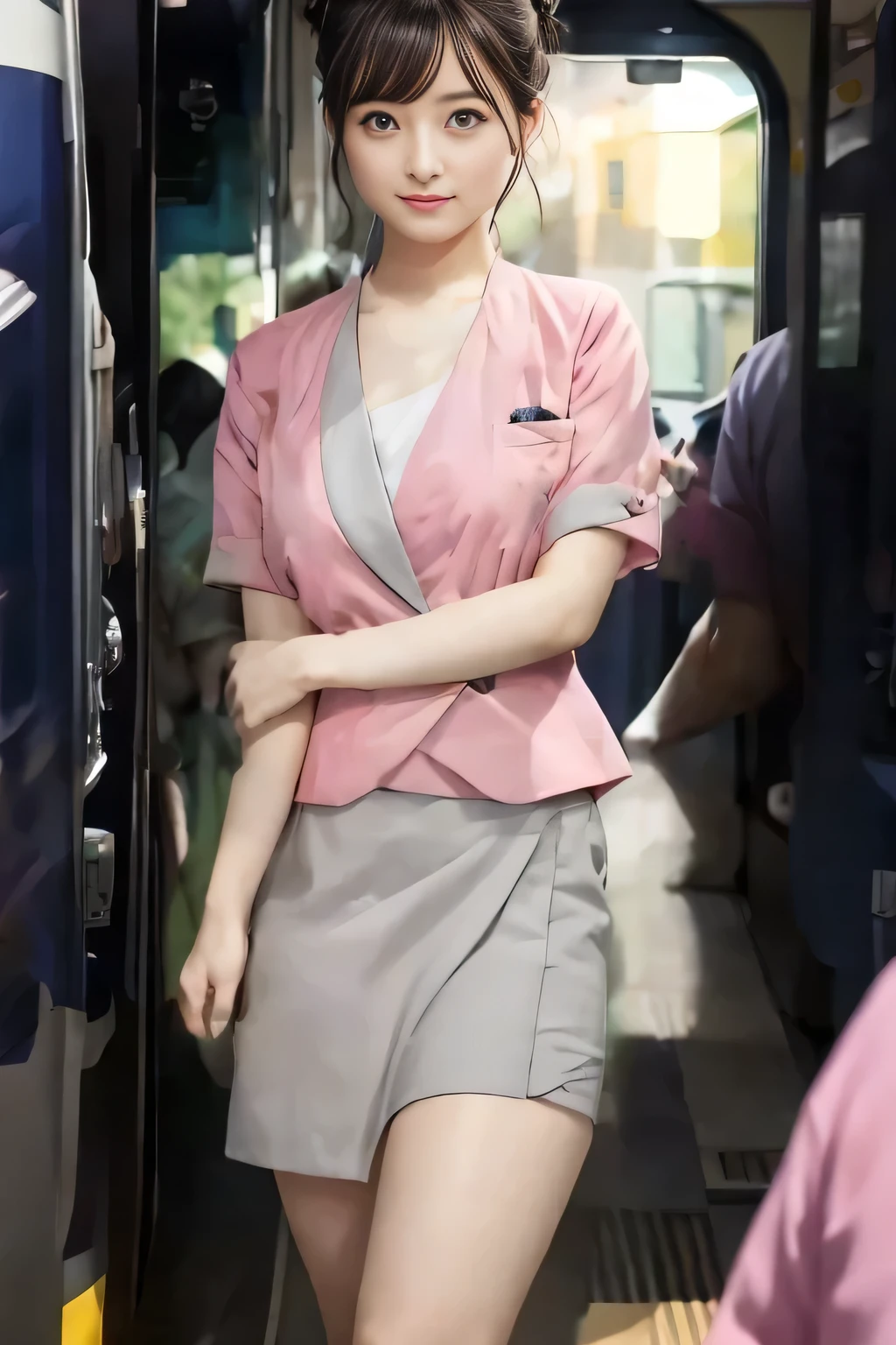 (masterpiece:1.2, highest quality:1.2), 32K HDR, High resolution, (alone、1 girl)、（On the rooftop of a building in the daytime、Professional Lighting）、Building rooftop background、（Nankai train crew uniform pinkを着たリアルスタイル）、（Nankai train crew uniform pink short sleeve pink jacket、Nankai Train Crew Uniform Pink Collarless Short Sleeve Blouse、Nankai Train Crew Uniform Pink Grey Knee-length Culottes）、（（The bottom of the pink short-sleeved jacket cannot be tucked into the clay-colored culottes.））、Dark brown hair、（Hair tied up、Hair Bun、Hair Bun）、Dark brown hair、Long Shot、Big Breasts、Thin legs、（（Great hands：2.0）），（（Harmonious body proportions：1.5）），（（Normal limbs：2.0）），（（Normal finger：2.0）），（（Delicate eyes：2.0）），（（Normal eyes：2.0））)、smile、（Nankai Train Crew Uniform Pink Grey Knee-length Culottesを見せた美しい立ち姿）、Keep your hands natural