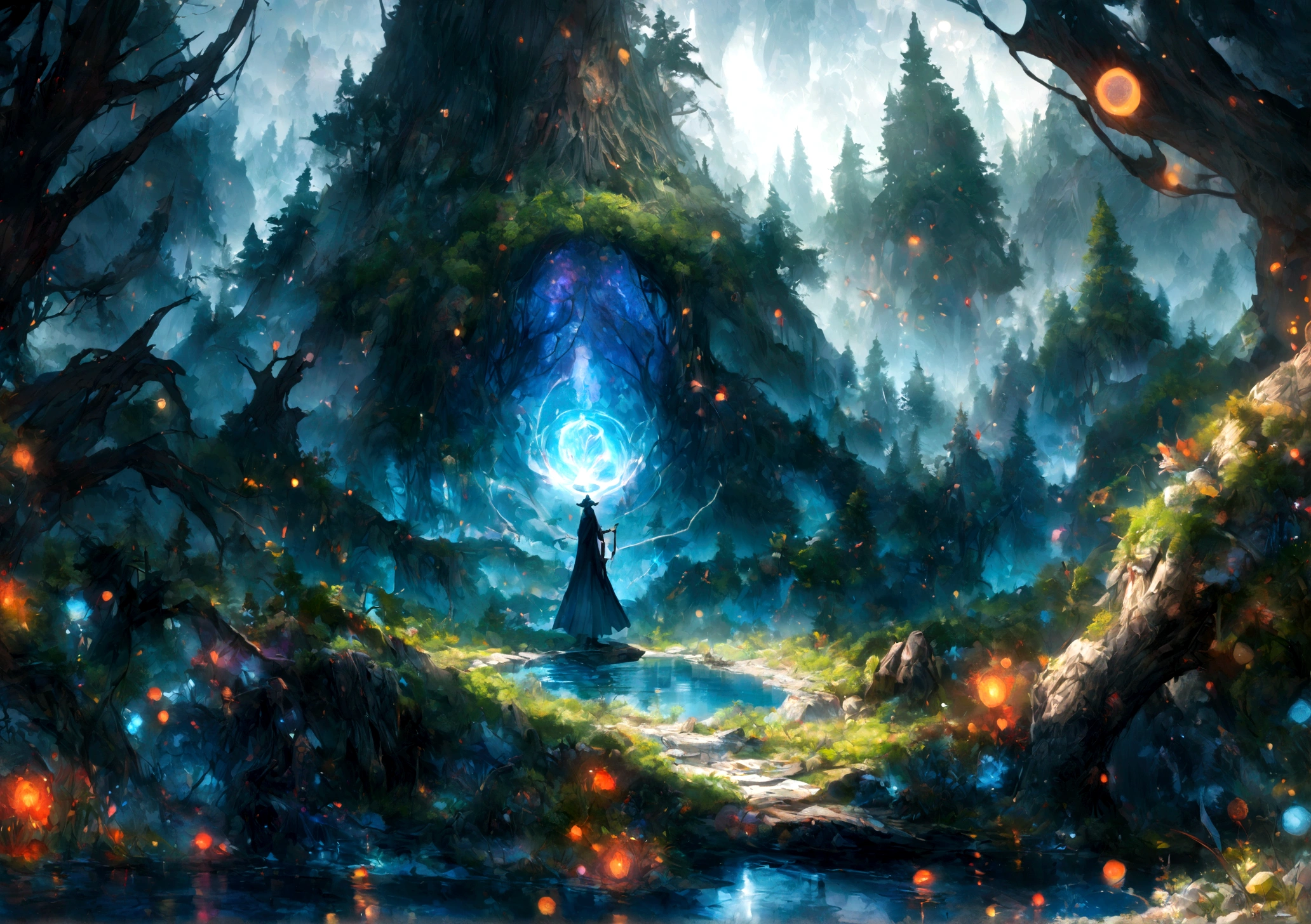 (Light magic:1.2), (Grim:1.1) forest, trees are alive despite snow, (Intricate details), A mirror-like lake，(ultra - detailed), 8k hdr, high detal, A lot of detail, High quality,Tyndall effect， (Colored:1.3)