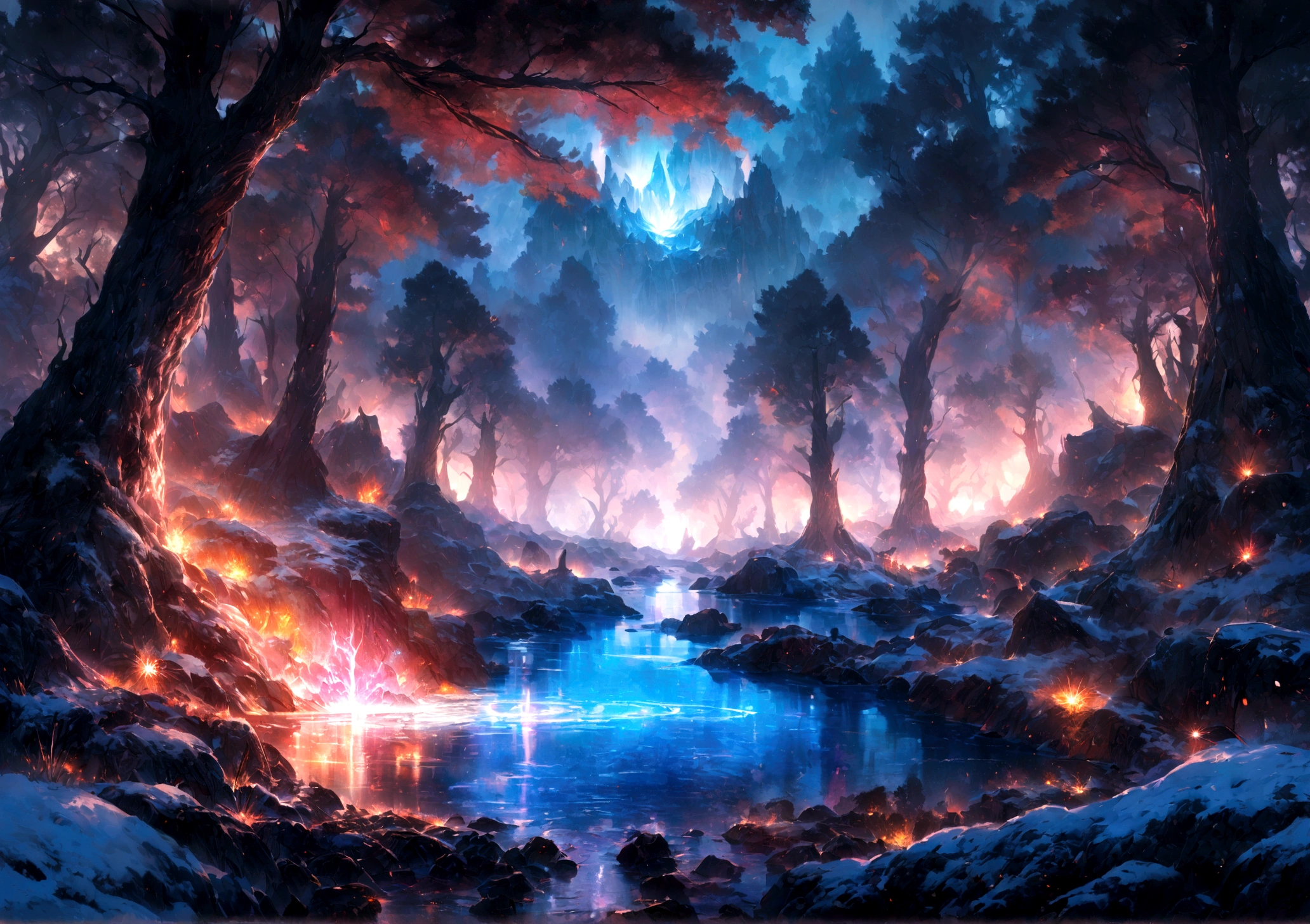 (Light magic:1.2), (Grim:1.1) forest, trees are alive despite snow, (Intricate details), A mirror-like lake，(ultra - detailed), 8k hdr, high detal, A lot of detail, High quality,Tyndall effect， (Colored:1.3)