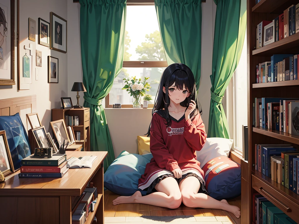 Garota de 25 anos, hacker chinesa, em seu quarto aconchegante, the camera is far from the girl. Seu quarto tem varias estantes com livros e enfeites. Seu quarto tem varias orateleiras nas paredes com enfeites.