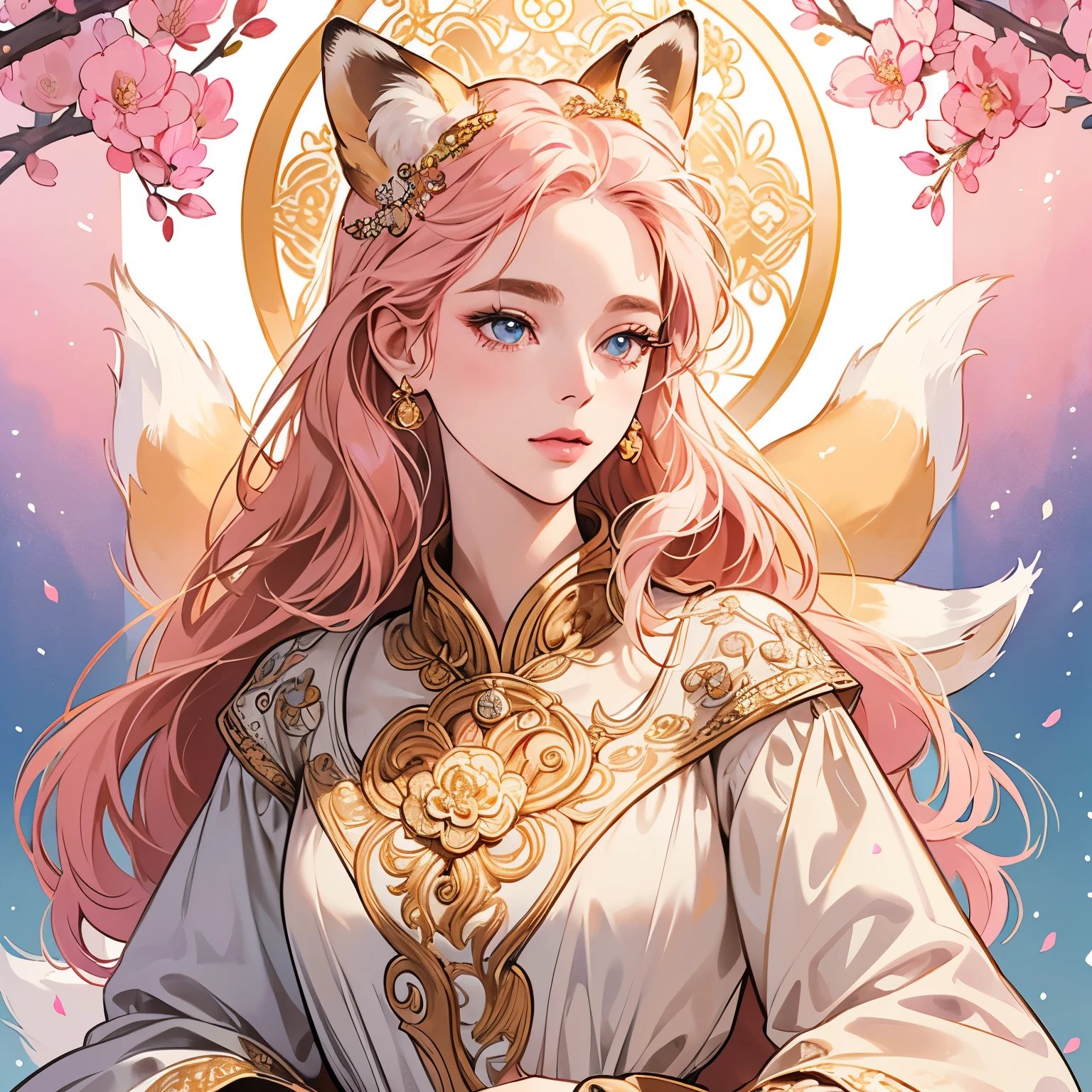Best quality, 1 fox, logo, background white only, emblem, 14k, intricate and detailed, frame,  (((1 woman and fox))), detailed fur, sparkling eyes, corporate logo, golden, panoramic, long shot, front, pink flowers, Upper body, looking at viewer,  beautiful goddess, Very detailed hair, Top Quality