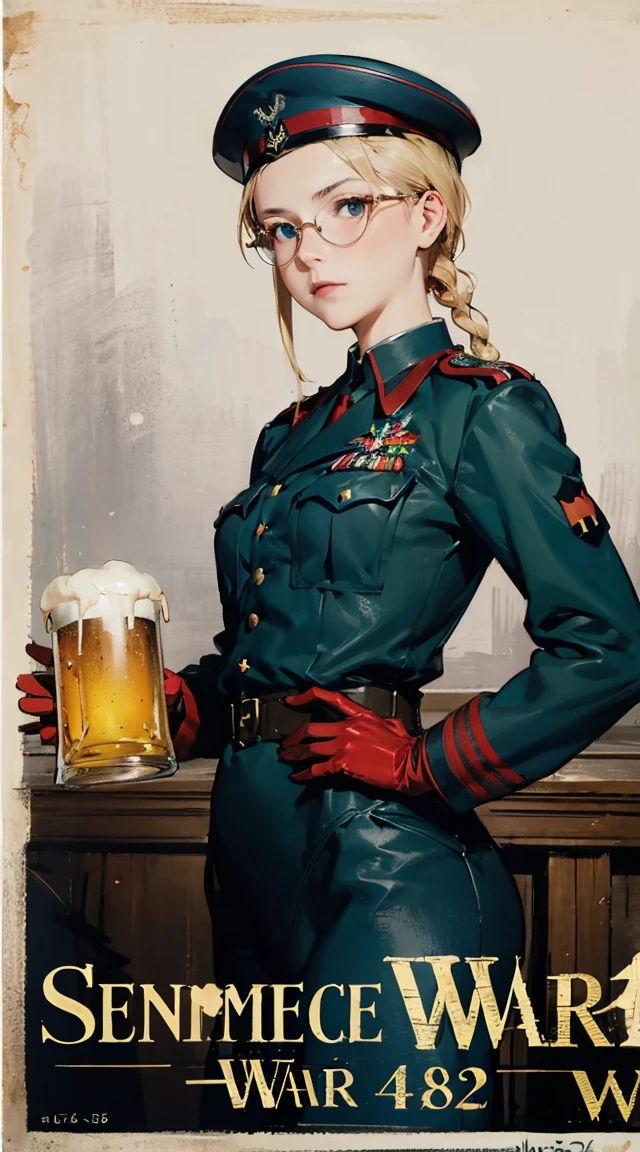 masterpiece, best quality, highres, 1girl, cammy white, twin braids, long hair, blonde hair, antenna hair, beret, (red headwear:1.3), blue eyes, scar on cheek, green leotard, large boob 36 DD, sleeveless, red gloves, fingerless gloves, camouflage,in a bar, ((drinking beer from a beer mug)), ((beer poster style)), cowboy shot, standing, outdoors, arms at sides, straight- A photorealistic portrait of a 35 year old American girl with long flowing blonde hair and striking blue eyes and wearing headphones. It should have a natural, approachable expression and be illuminated by soft, golden tones. hora de luz solar. The background should be a picturesque outdoor setting, talvez um parque ou praia ensolarado. Capture this image with a high-resolution photograph using an 85mm lens for a flattering perspective Drawing Lessons, beste-Qualit, Poses, Correct anatomy,Sketch Beech, Epic Poses, The clothes, pencil, Drawing,  Modest outfit, remote shot, detailed beautiful delicate face, detailed beautiful delicate eyes, perfect facial proportions, high-definition skin, fine skin, four-inch best ratio. With one thumb, a masterpiece, highly detailed, realistic, (World War II German general uniform reference : 1.8), the highest face resolution, adult, modestly dressed woman, dressed entirely, ( small, black hair, black straight bangs, super fine braids, straight bangs, red glasses, dark green eyes), future, science fiction, fighter plane, standing On the landing of a fighter plane, the government agency, a deep intelligent personality, a calm expression, a respectful face, a war, a fighter plane  (La mejor calidad:1.1), (Obra maestra:1.4), (absurdos:1.0), retrato, primer plano,1girl, Marinero Urano, KizukiAi, Mujer madura, small breasts, aqua eyes, cabello rubio, Uniforme Sailor Senshi, Collar de marinero, arco de pecho, Arco trasero, Falda suplicante, Guantes blancos de codo, Acostado boca abajo, en el suelo, con el trasero en alto, mostrando el culo de espaldas, without looking back