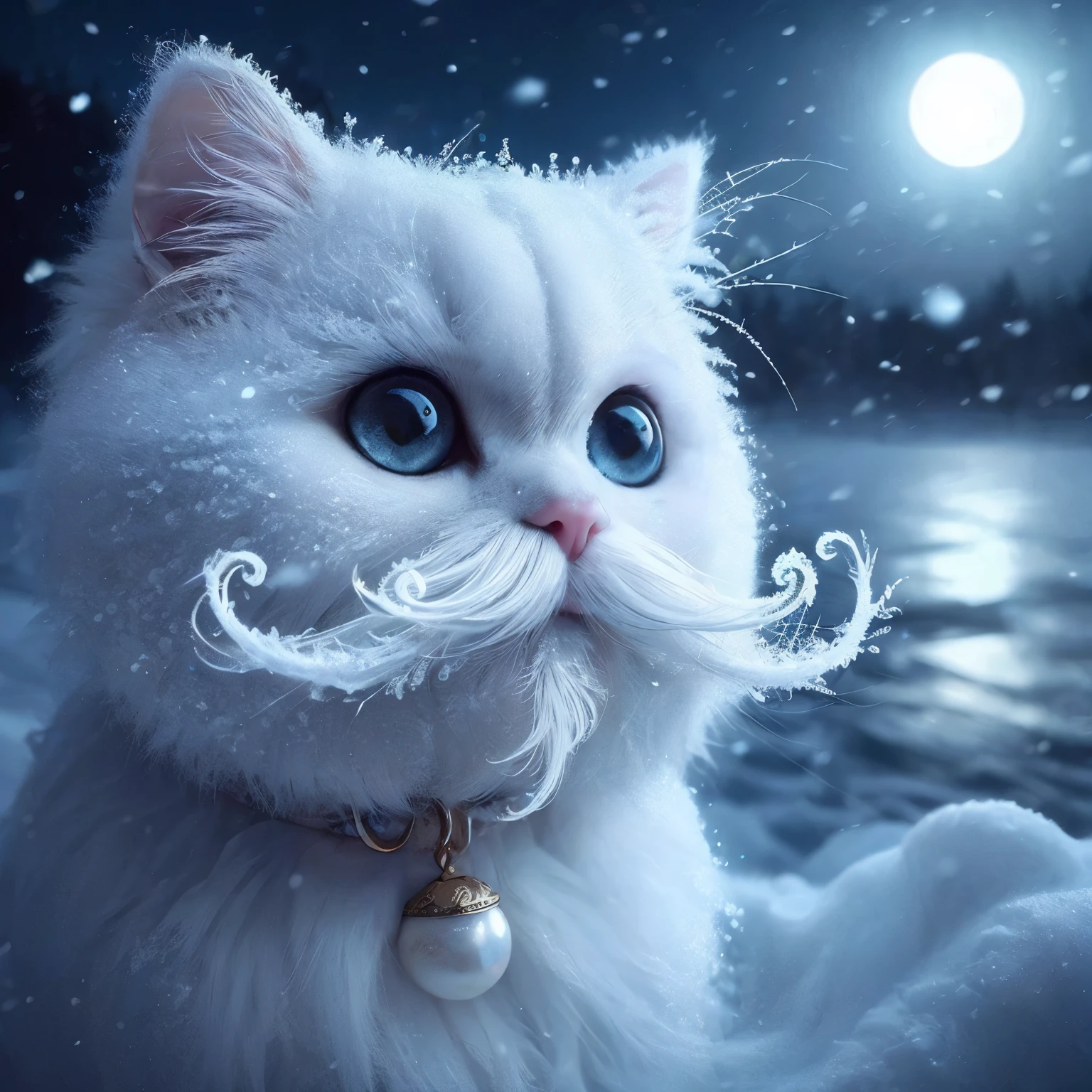 A extremally cute white frosty cat with curly white mustache and goatee, blue-green mother of pearl eyes, deep in the frosty snow of winter, blowing snow, snowy haze, a full moon, a deep river, and a mysterious image. It's night but it's bright. frosty looking cat, gorgeous, beautiful eyes 24k photorealistic extreme depth of color in eyes and collar.