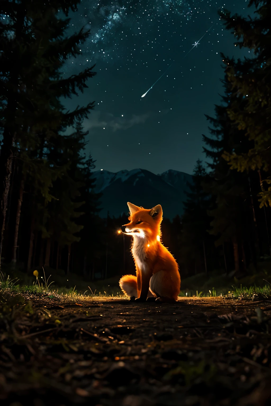 a small orange fox in the middle of the forest looking directly at the beautiful full moon under a beautiful starry sky