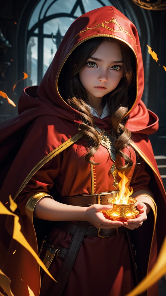 high detail, clarity, 8 kkk, young girl, 15 years old, light hair, wavy hair, yellow eyes, blazing, red cloak, hood, Realism, fantasy,