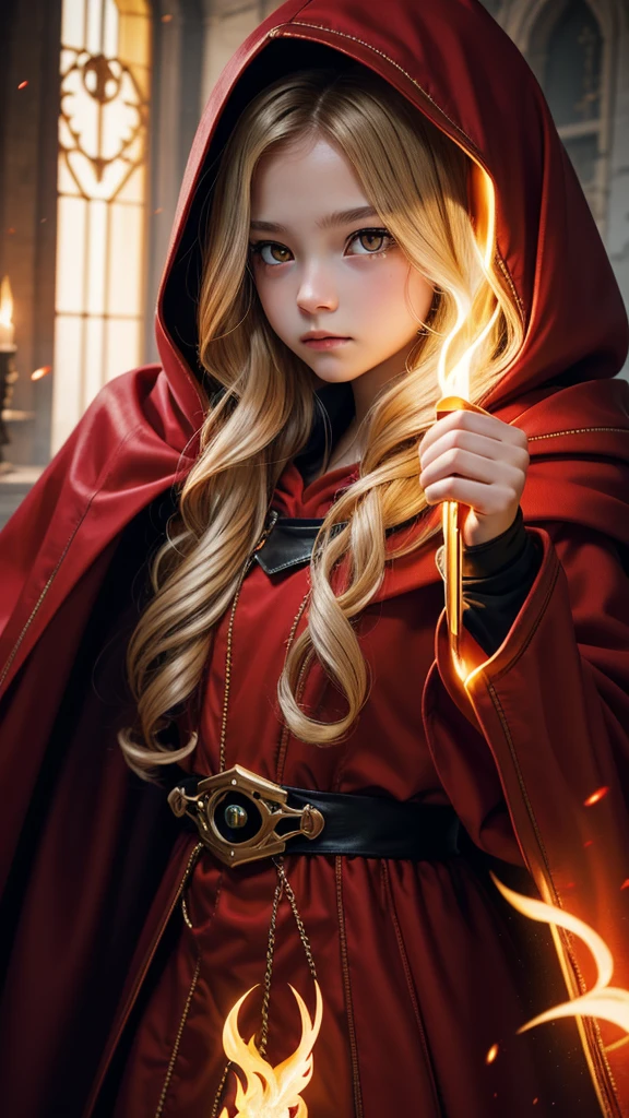 high detail, clarity, 8 kkk, young girl, , light hair, wavy hair, yellow eyes, blazing, red cloak, hood, Realism, fantasy,