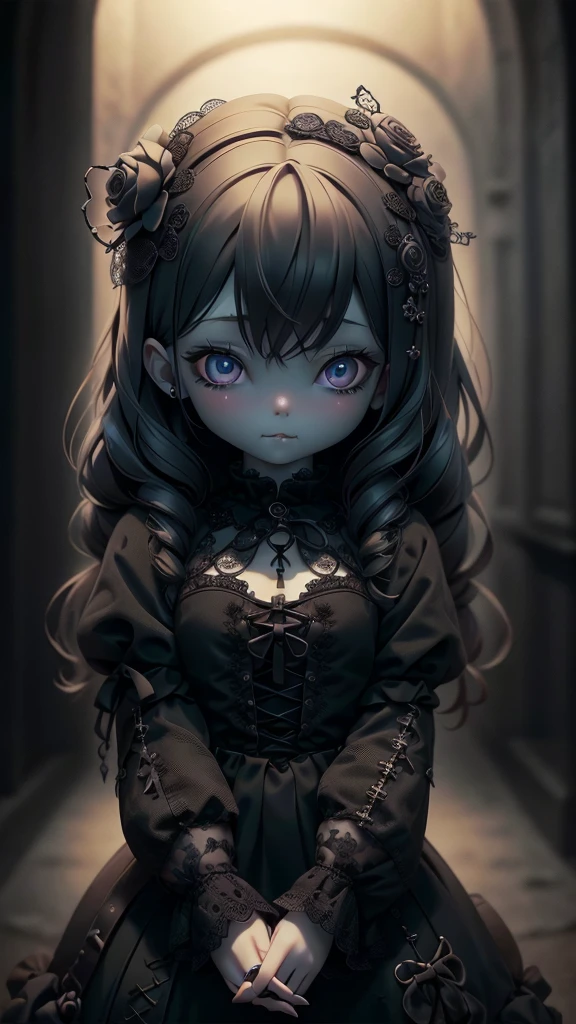 High quality、plastican00d、Realistic Light、Spotlight from above、pretty girl、Black Gothic Fashion、Two-headed appearance、Doll