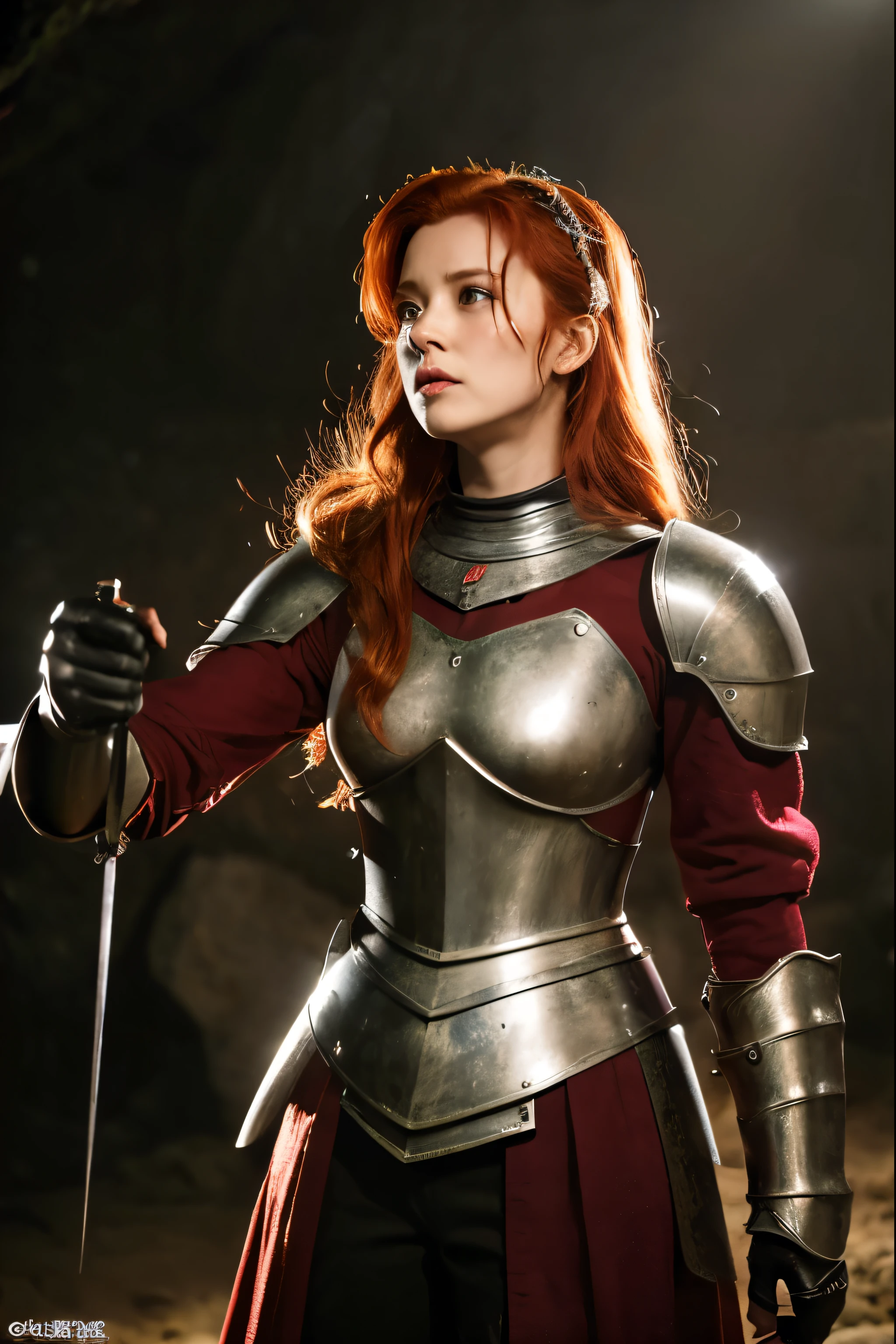 ((masterpiece, In 8K, High resolution,Realistic)),A beautiful English female knight fighting monsters in a cave、Redhead、Black Eye、Hold a long sword