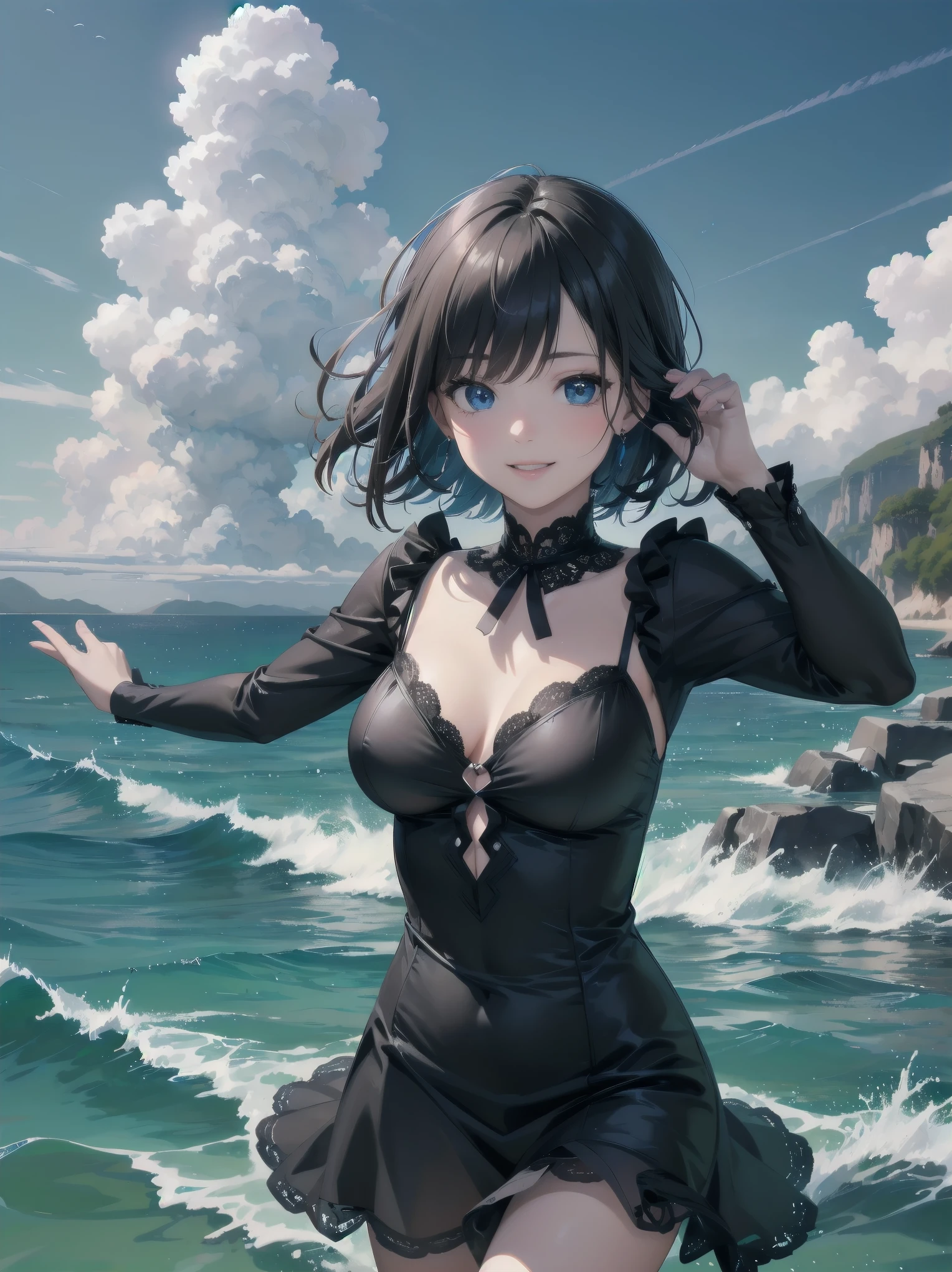 Masterpiece, high quality, high resolution, semi-realistic, 2.5D, perfect anatomy, super-detailed and detailed illustrations, sfw,
Subject: {A naive boldly splashing about by the water}
Subtitle: {short bob with blue eyes}{black lace dress in gothic fashion}{splashing and bouncing}{rocky beach by the sea}{innocent smile}{digital SLR camera, f/2.8, 1/1000 sec, ISO 200, sharpness enhanced}
A girl with a short bob and shining blue eyes is innocently playing on a rocky beach by the sea. She is wearing a black lace dress in gothic fashion, splashing and bouncing about energetically. Her innocent smile sparkles and you can see she is having fun. The expansive sea and blue sky in the background further enhance the beauty of nature. Shot with a digital SLR camera at f/2.8 aperture, shutter speed 1/1000 s and ISO 200, the sharpness enhancement captures her movements clearly. The way the waves crashing on the rocks reflect the light and sparkle is beautiful. Her pose and facial expressions are refined in this image, which resembles a photogravure shoot for a fashion magazine.