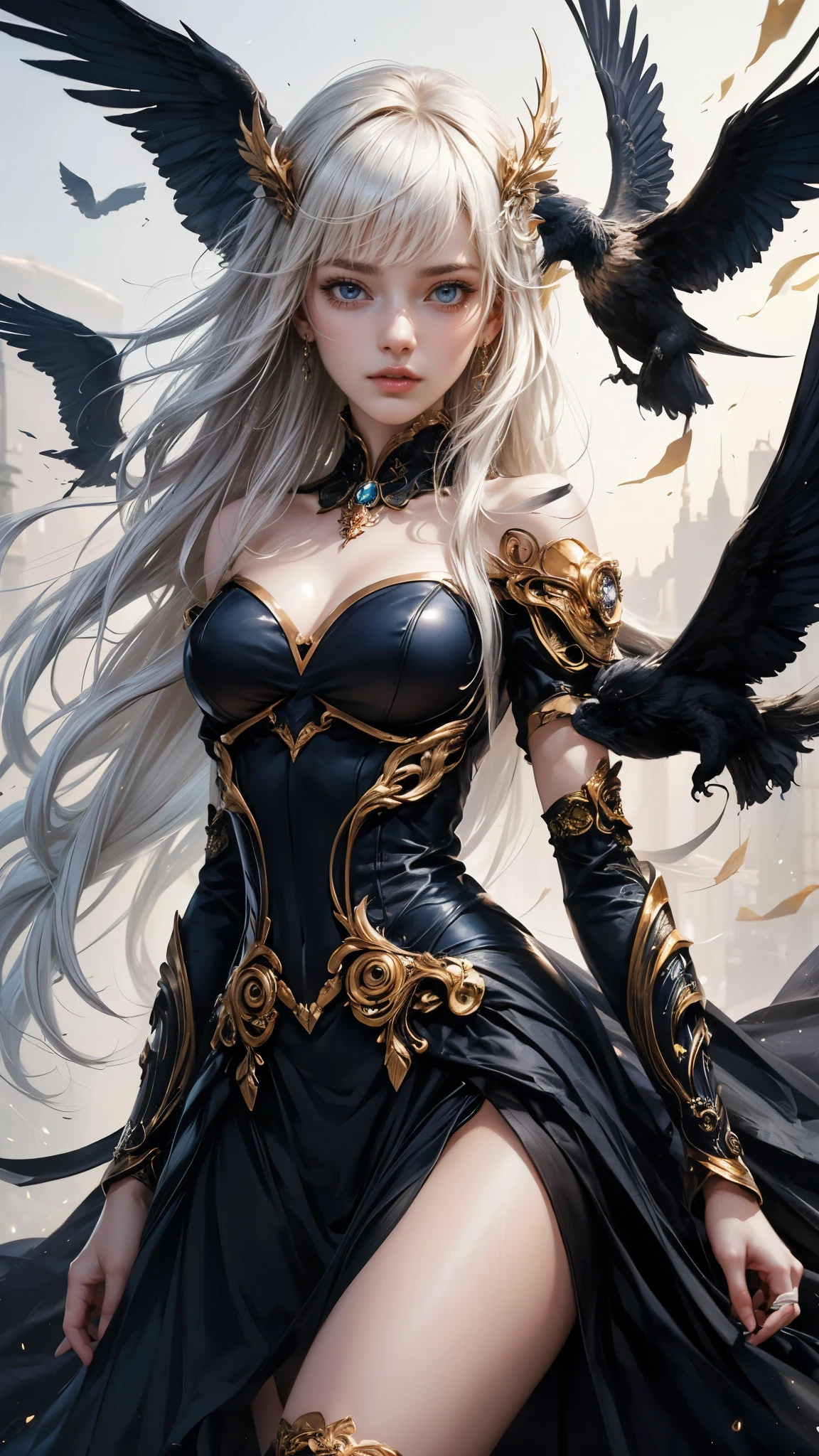 Wizard girl. Very pretty , ((pale skin)),
(((masterpiece, best quality, raw photo, photorealistic, depth of field, ultra detailed, detailed face, very precise deep blue eyes))), Dynamic Action Pose, Invoke Magic, Mechanical Magic Weapons, very slender long legs, lace stockings on the knee, steampunk headgear, fluttering lace flared white mini skirt, off-shoulder white fashion with a fusion of detailed and intricate steampunk and detailed white gothic lolita, (((Vslender body, long, thin limbs))), upward and beautiful small breasts, (((Thick bangs))), (((princess cut))), ((Clean long hair, long vertical curly white hair)), wind driven, futuristic complex steampunk factory background, infinite dark universe, flying celestial bodies, countless celestial neon lights raining down from the heavens, cinematic lighting decoration.