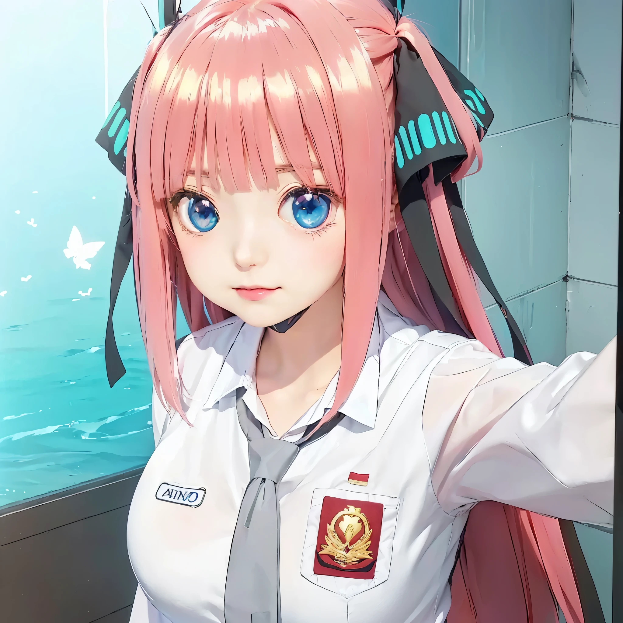 anime girl with pink hair and blue eyes in a white shirt, from the azur lane videogame, kantai collection style, best anime 4k konachan wallpaper, marin kitagawa fanart, azur lane style, zero two, anime moe artstyle, pink twintail hair and cyan eyes, smooth anime cg art, girls frontline cg