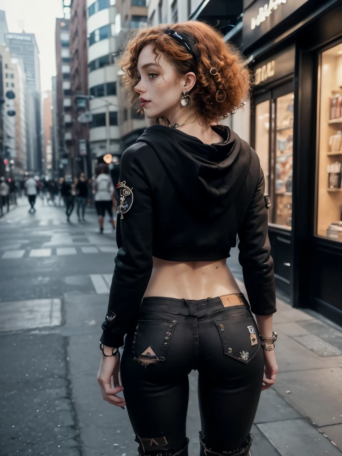 Caucasian woman, redhead, (((curly hair))), medium hair, honey eyes, lined eyes, (shiny eyes), highlights eyes, ((freckles on face)), red lipstick, makeup, smile, ((freckles on body)), athletic body, ((small breasts)), nipples, legs, full body, ((((distressed black hoodie with patches and pins, paired with black skinny jeans and combat boots))), Necklace, bracelets, earrings and wrist watch, standing In the city, back, buttocks, ass, back view, shot from behind. 