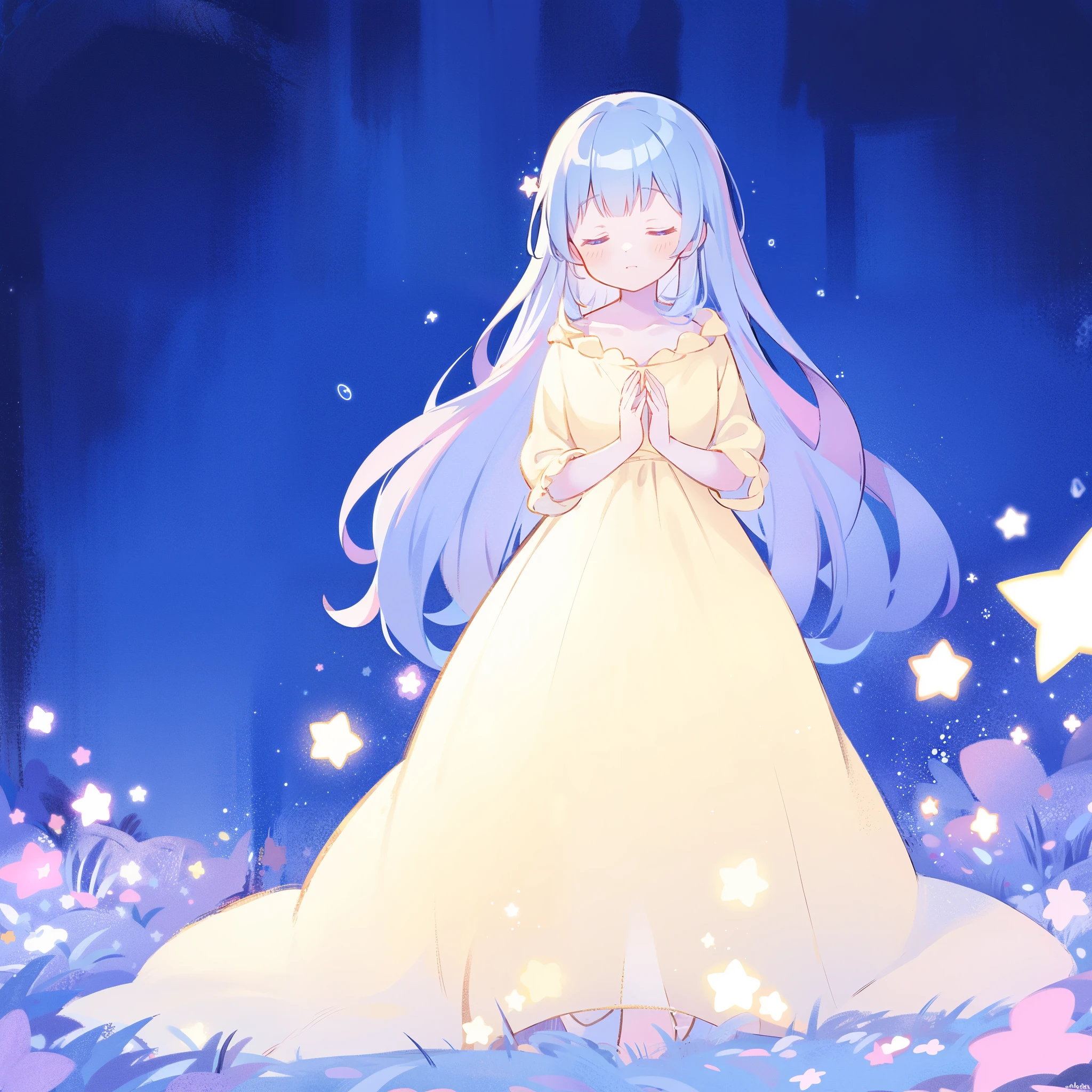 wishing star background, gradient purple blue hair, a woman wearing an ethereal translucent dress made of stars, dreamy, peaceful, serene composition, glowing stars, glowing, complex drawing, highly detailed, ethereal, starry night, midjourney style