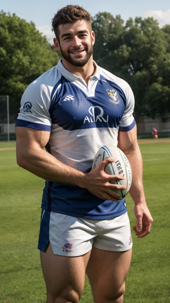1 pale man rugby player ,Full body, rugby player, sport white pants, vpl bulge, rugby esportive dirty uniform, Black wavy hair fade , captivating large eyes, beard European 30yo man closed smile, volumeric light, wearing team rugby uniform, strong chest, long legs, left neck look, neck tribal tattoo, large mouth, Wide shoulders, nice detailed hands, field rugby bokeh background, colorful vivid colors.