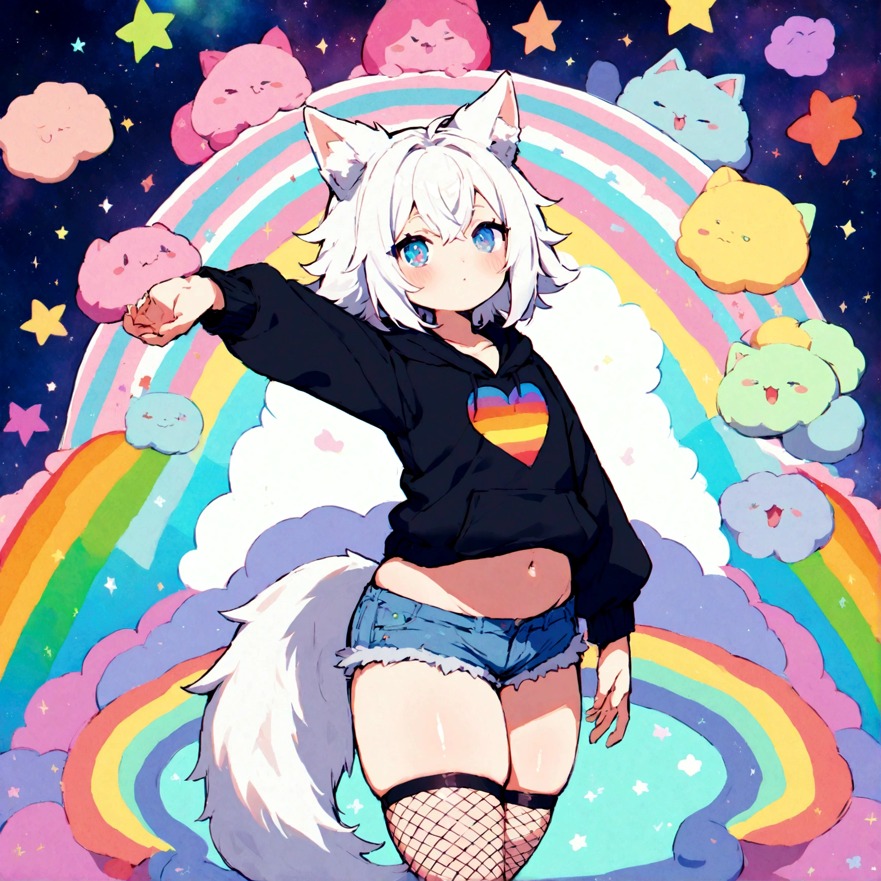 a cute adult male with wolf ears, white hair, has a wolf tail, wearing a loose cropped oversized black hoodie, wearing a pair of denim short shorts and fishnet stockings, thick thighs, wide hips, relaxing on mound of fluffy multi colored kawaii plushies, short, very slim, showing slender tummy, stretching out, heart on hoodie, squishy thighs, has glowing blue eyes. alone, solo (ALONE)(SOLO), surrounded by rainbows, colorful galaxy backround