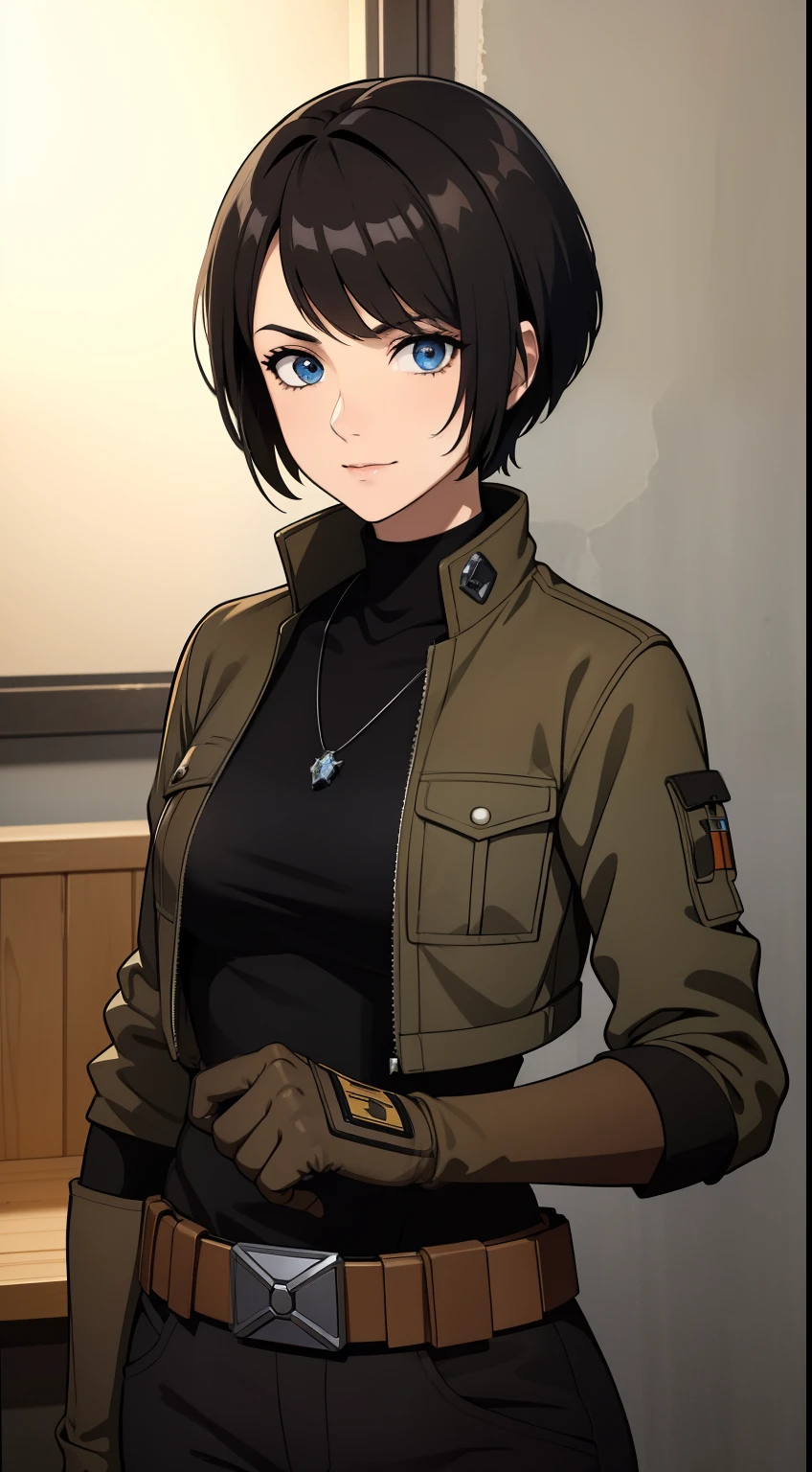 (high-quality, breathtaking),(expressive eyes, perfect face) Symmetrical Eyes, portrait, Star Wars Universe, 1girl, female, adult, mechanic, punk black brown jacket, black shirt, short sleeved, gloves, pants, belt, wrench, crystals, messy hair, black hair color, brown eye color, short hair length, stylized hairstyle, pixie haircut, tall, technician outfit, engineer, sci fi workshop background, work bench, tools, mature, narrow eyes, dog tag necklaces, soft smile, age 25