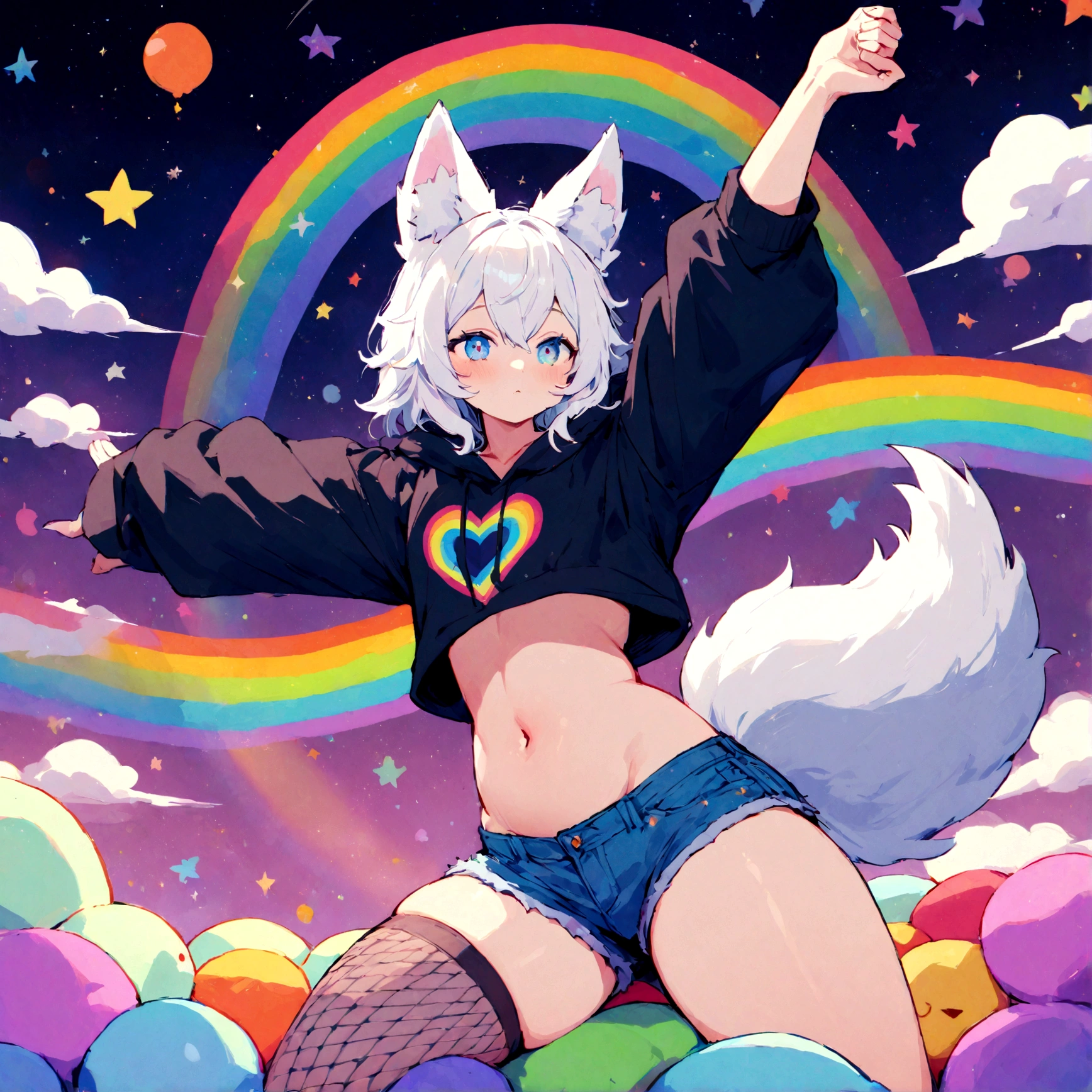 a cute adult male with wolf ears, white hair, has a wolf tail, wearing a loose cropped oversized black hoodie, wearing a pair of denim short shorts and fishnet stockings, thick thighs, wide hips, relaxing on mound of fluffy multi colored kawaii plushies, short, very slim, showing slender tummy, stretching out, heart on hoodie, squishy thighs, has glowing blue eyes. alone, solo (ALONE)(SOLO), surrounded by rainbows, colorful galaxy backround