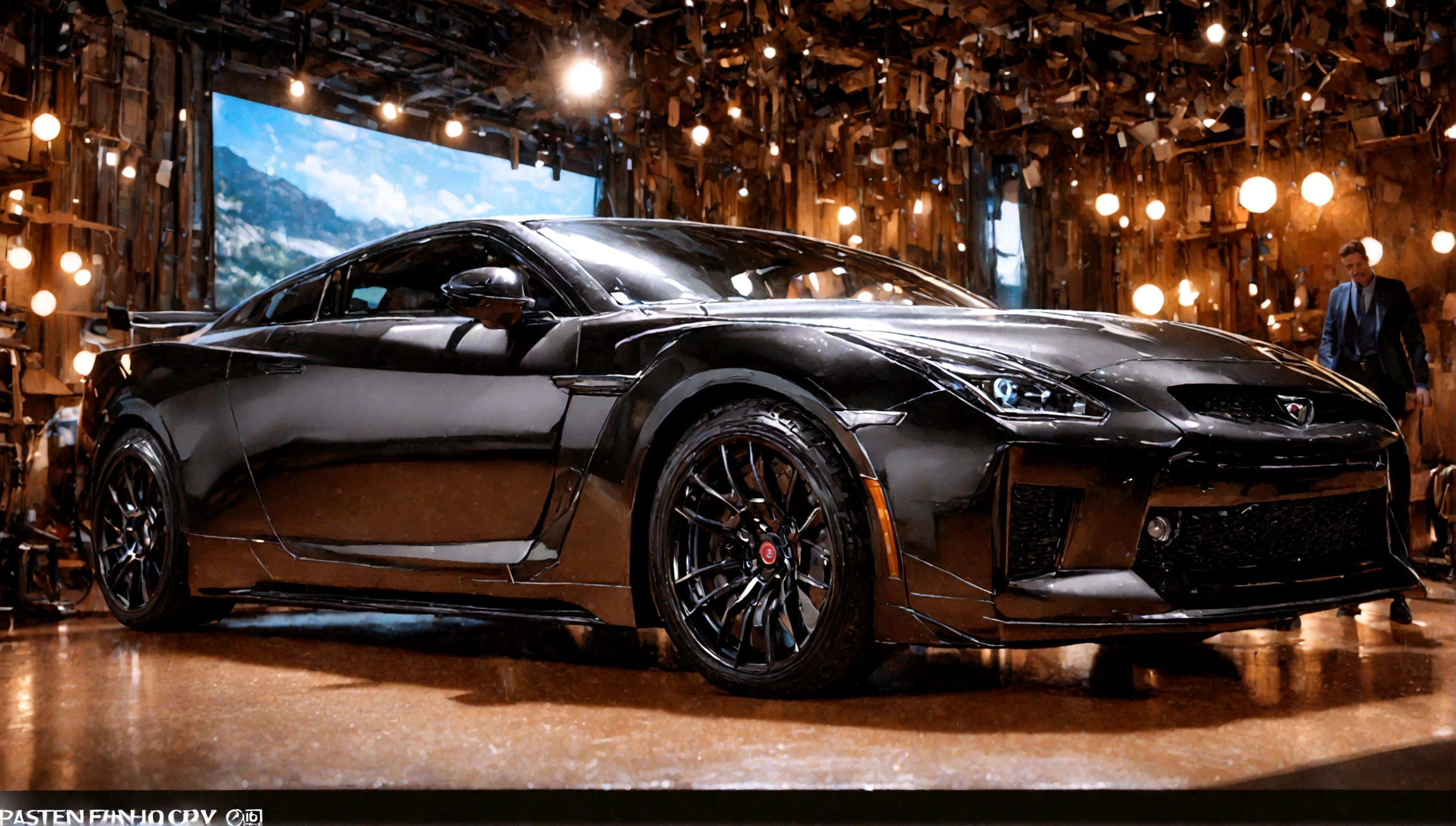 a beautiful young woman with long dark hair wearing a tight black dress, standing next to a black Nissan GT-R car, dramatic lighting, cinematic composition, photorealistic, highly detailed, 8K, (best quality,4k,8k,highres,masterpiece:1.2),ultra-detailed,(realistic,photorealistic,photo-realistic:1.37),sharp focus,physically-based rendering,extreme detail description,professional,vivid colors,bokeh,studio lighting