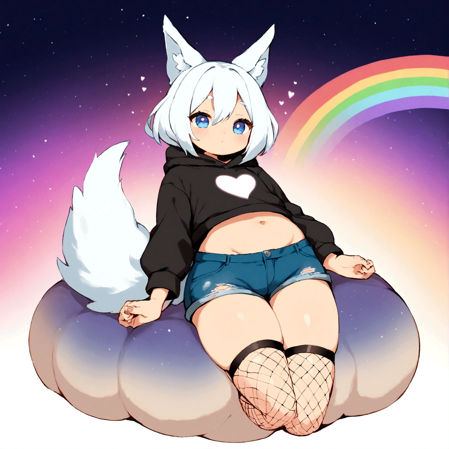 a cute adult male with wolf ears, white hair, has a wolf tail, wearing a loose cropped oversized black hoodie, wearing a pair of denim short shorts and thigh high fishnet stockings, thick thighs, wide hips, relaxing on mound of fluffy multi colored kawaii plushies, short, very slim, showing slender tummy, stretching out, heart on hoodie, squishy thighs, has glowing blue eyes. alone, solo (ALONE)(SOLO), surrounded by rainbows, colorful galaxy backround, nice butt