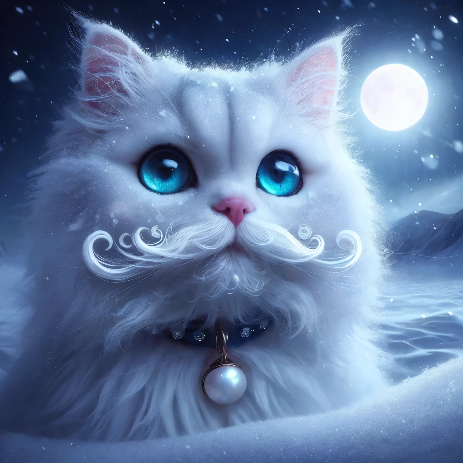 A extremally cute white frosty cat with curly white mustache and goatee, blue-green mother of pearl eyes, deep in the frosty snow of winter, blowing snow, snowy haze, a full moon, a deep river, and a mysterious image. It's night but it's bright. frosty looking cat, gorgeous, beautiful eyes 24k photorealistic extreme depth of color in eyes and collar.