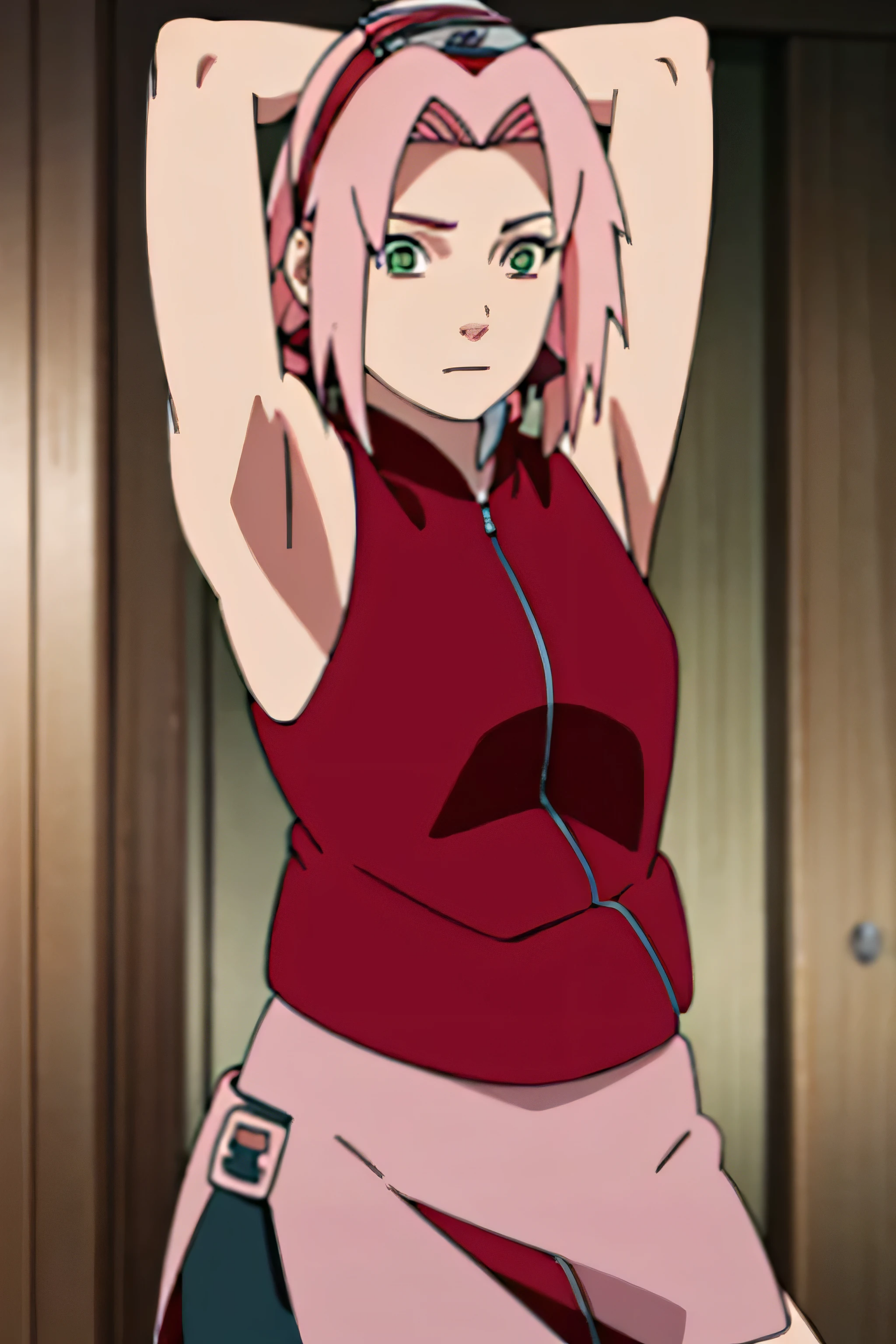 sakura haruno, sleeveless, red jacket, forehead protector, konohagakure symbol, arms behind head, armpits, showing armpits, posing, green eyes, perfect proportions, sakura shippuden