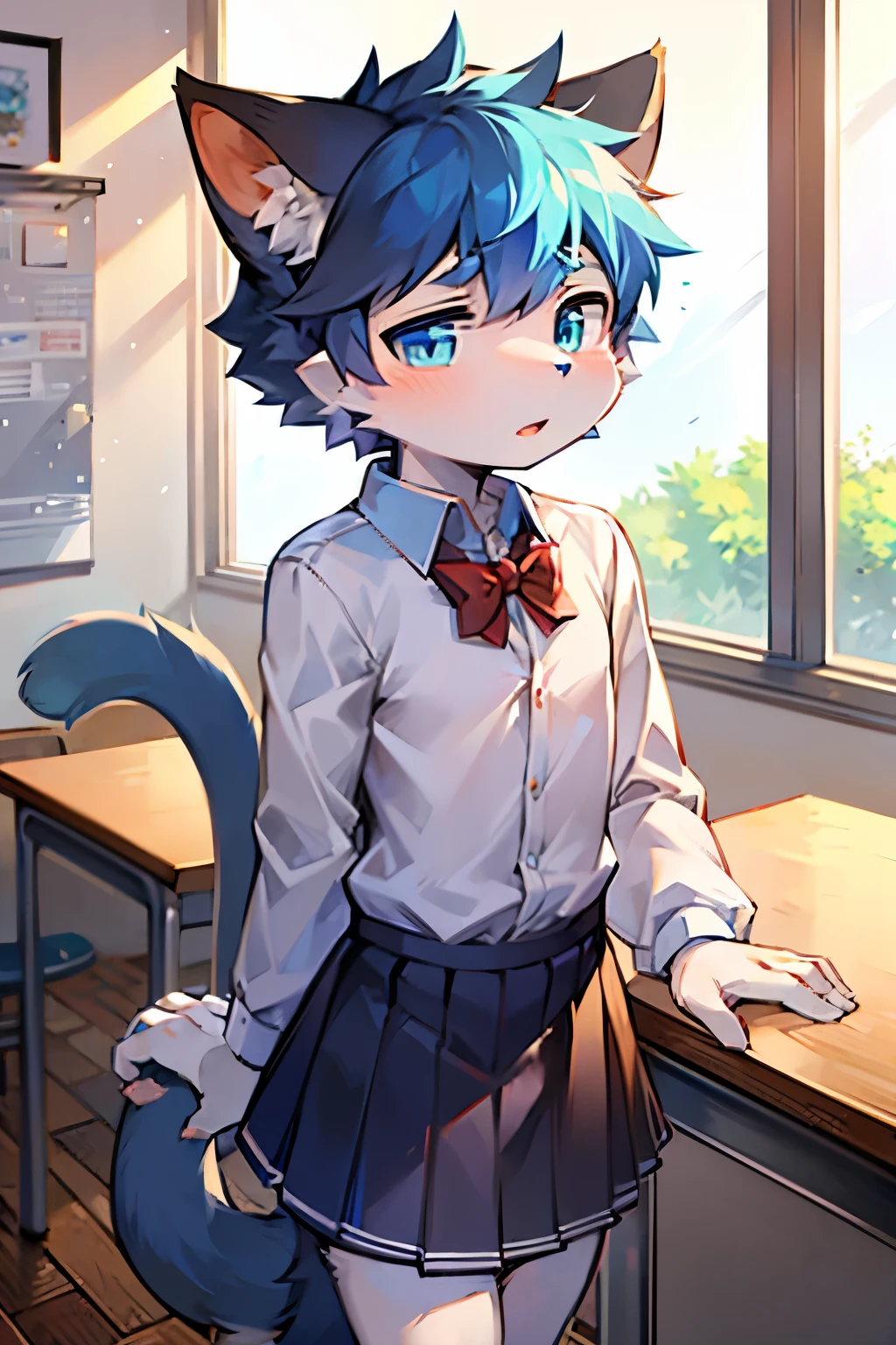 Cat Boy，furry men，Male focus，Characteristics of three-year-old boy，One meter three height，White Arm，Blue pupils，femboy，School uniform skirt