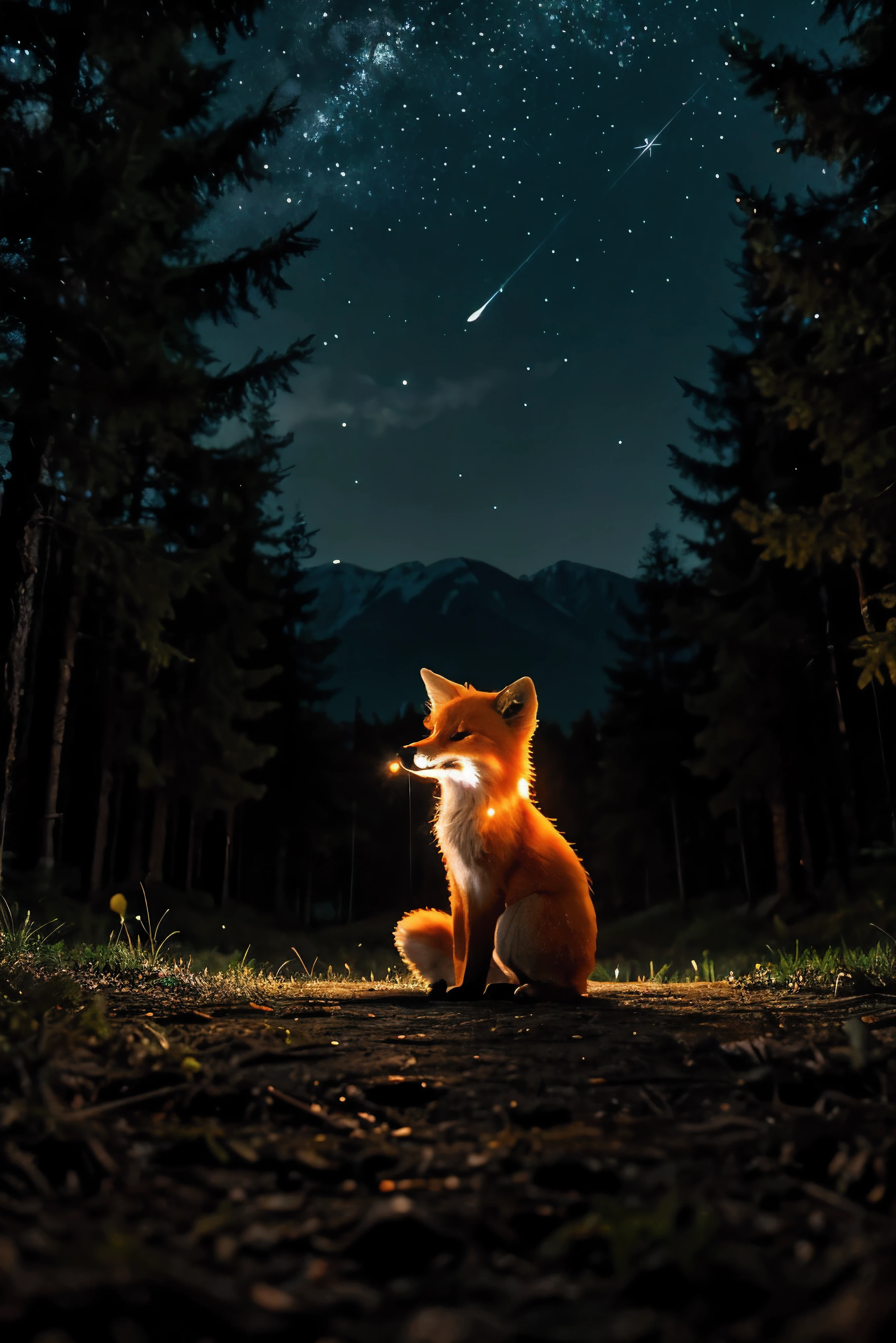 a small orange fox in the middle of the forest looking directly at the beautiful full moon under a beautiful starry sky