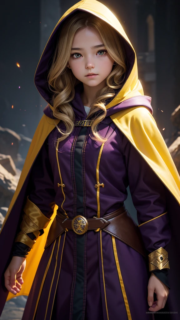 high detail, clarity, 8 k, young girl, 15 years old, light hair, wavy hair, yellow eyes, blazing, purple cloak, hood, Realism, fantasy,