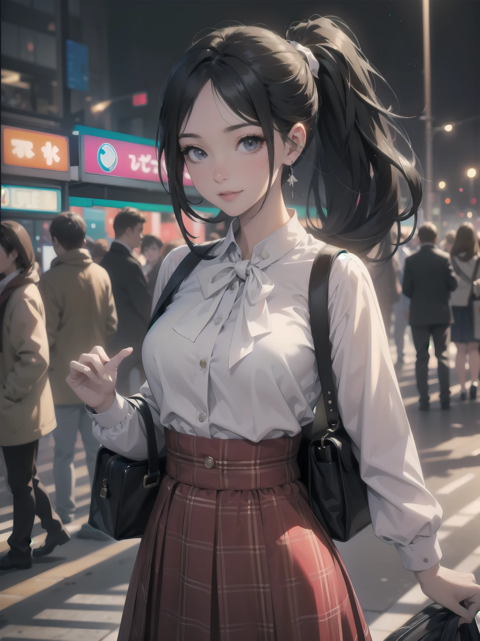 Masterpiece, high quality, high resolution, semi-realistic, 2.5D, perfect anatomy, super-detailed and detailed illustrations, sfw,
Subject: pretty, crowd.
Subtitle: {long black hair in ponytail}, {red checked skirt and white blouse}, {smiling in crowd}, {station platform}, {glowing smile}, {high sensitivity camera, f/1.4, 1/500 sec, ISO 800, subject tracking auto focus}
A beautiful girl with long black hair pulled back in a ponytail stands on a busy station platform. Wearing a red checked skirt and white blouse, she smiles at the crowd. Her radiant smile is so attractive that it makes you forget the hustle and bustle of the surroundings. In the background, hurrying commuters come and go, giving the city a lively atmosphere. Shot with a high-sensitivity camera at f/1.4 aperture, shutter speed 1/500 s at ISO 800, the beautiful girl is clearly captured in the crowd by the subject tracking autofocus function. The blurring of the people in the background makes her stand out as if she were in the spotlight.