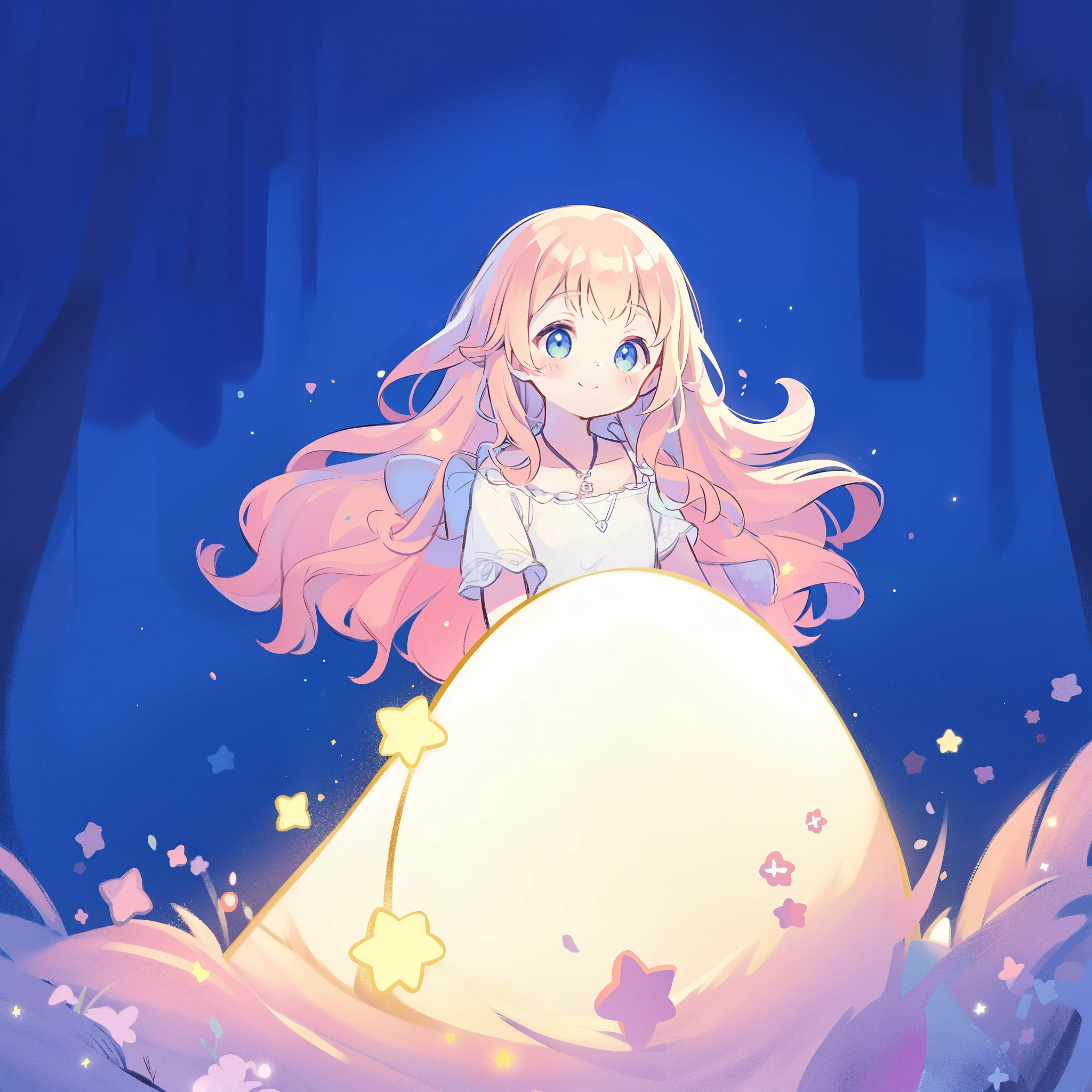 cute style, gradient pink colorful wavy hair, cute happy girl wearing a glowing puffy ballgown, dreamy, peaceful, serene composition, glowing stars, glowing, complex drawing, highly detailed, ethereal, starry night, midjourney style