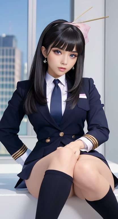 (masterpiece, High resolution, Best Quality:1.3), 8k, Very detailed, Complex, color, Vivid image, Sharp focus, transformation, 4K, Agatha, One girl, Combat Ready, Confident expression, Kick, sunny, (blush:1.1), blue sky, Skyscraper, Full Body Shot, Black Hair, Long Hair, Blunt bangs, hair ornaments, Hairpin, bow, lipstick, compensate, eye shadow, Very detailed髪, Detailed face, 茶colorの目, Complex and realistic perfect eyes, Perfect Face, Earrings, gem, uniform, Pencil Skirt, tie, panties, White boots,Spread your legs, , , old,