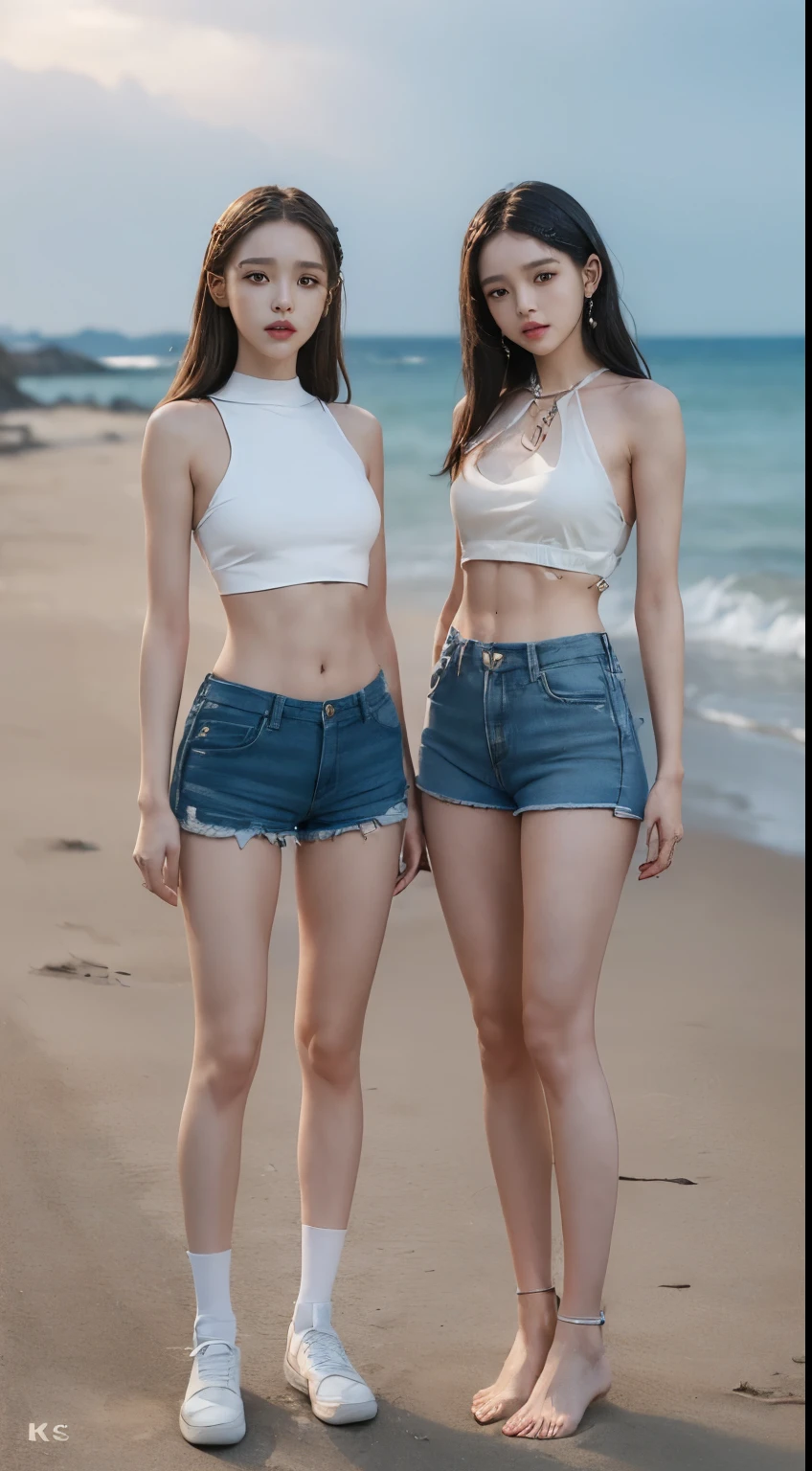 (8k、Raw photo、最high quality、masterpiece:1.5),((((Both of them stand with their legs apart:1.9)))),(((Both of them have an inseam that is more than half their height.:1.6))),((Both of them have bare legs.:1.3)),((Both of them are extremely slim:1.2)),((((Both girls look exactly like K-pop star Wonyoung:1.9)))),((Both of them have very long, slender legs.:1.6)),((The two have perfect supermodel style:1.3)),(((((Both of them take full body shots:1.8))))),(((Both of you should face your whole body straight ahead.:1.8))),(((Photographed from below to show the whole body of the legs so that they look longer.:1.6))),(((Both of them have super-strong abs:1.9))),(Both of them are wearing short, see-through white camisoles.:1.4),(((Both of them are extremely exposed.:1.5))),((Standing at a beach photoshoot in too much light:1.5)),Skin irregularities are reproduced in minute detail:1.4, (Super thin waist: 1.2),((Sunny afternoon:1.3)),(both of them are the same height:1.3),(((Both of them have amazingly slim figures.))),((Both of them are wearing super micro shorts.:1.4)),(Both of you stand with your legs straight and without bending your knees.:1.3),((They're both the same height:1.3)),((Dazzling Midsummer)),(((Shooting the whole body from calf height:1.5))),(Both of them have the slender bodies of well-trained track and field athletes.:1.5),(Super muscular body:1.5),Super toned waist,(Big but no bra),(((Both of their erect nipples are visible through the fabric.))),(Both of them are covered in sweat),((Both are 173cm tall:1.4)), Thin buttocks,1Detailed reproduction of the navel,(完璧なSuper thin thighs),((Both are 16 years old)),Highly detailed face and skin texture,Fair Asian Skin, Ultra-Realistic Details, (Very small hips:1.3),Large firm breasts, Super long thighs,(Super thin thighs),(Super slim calves),((Small Ass)),(Super thin waist:1.3),((White high heels)),lengthen limbs,(Both of them have slim, toned ankles.:1.2),(((Wide open abdomen:1.5))),Hands on hips,Both of them face forward,Super long arms,Thin hands,(Black hair ponytail),((Both of them stand up straight.)),(Keep your hips facing forward:1.5),Both of them are beautiful with 8-head body proportions.,Very thin ankles,The arms are very slender and muscular,The legs are super slender and muscular,Make your arms thinner,Super slim and muscular legs,Both of them have super long legs.,The middle of the thighs are very thin,(Super muscular and extremely slim calves),(Super muscular and slim thighs),(Very tight waist:1.2),((Both of them have an inseam that is more than half their height.の美脚:1.5)),Extremely thin thighs,Fine skin,Firm skin,(((Both of them should fit from the top of their heads to the toes of their heels.:1.5))),(((Both have beautiful legs))),(Both of them are super muscular and have slim legs.:1.2),(toned thin legs:1.2),Front lighting,((A little overexposed)), Super detailed, High detail, high quality, Awards,High resolution,(((Anatomically correct)))