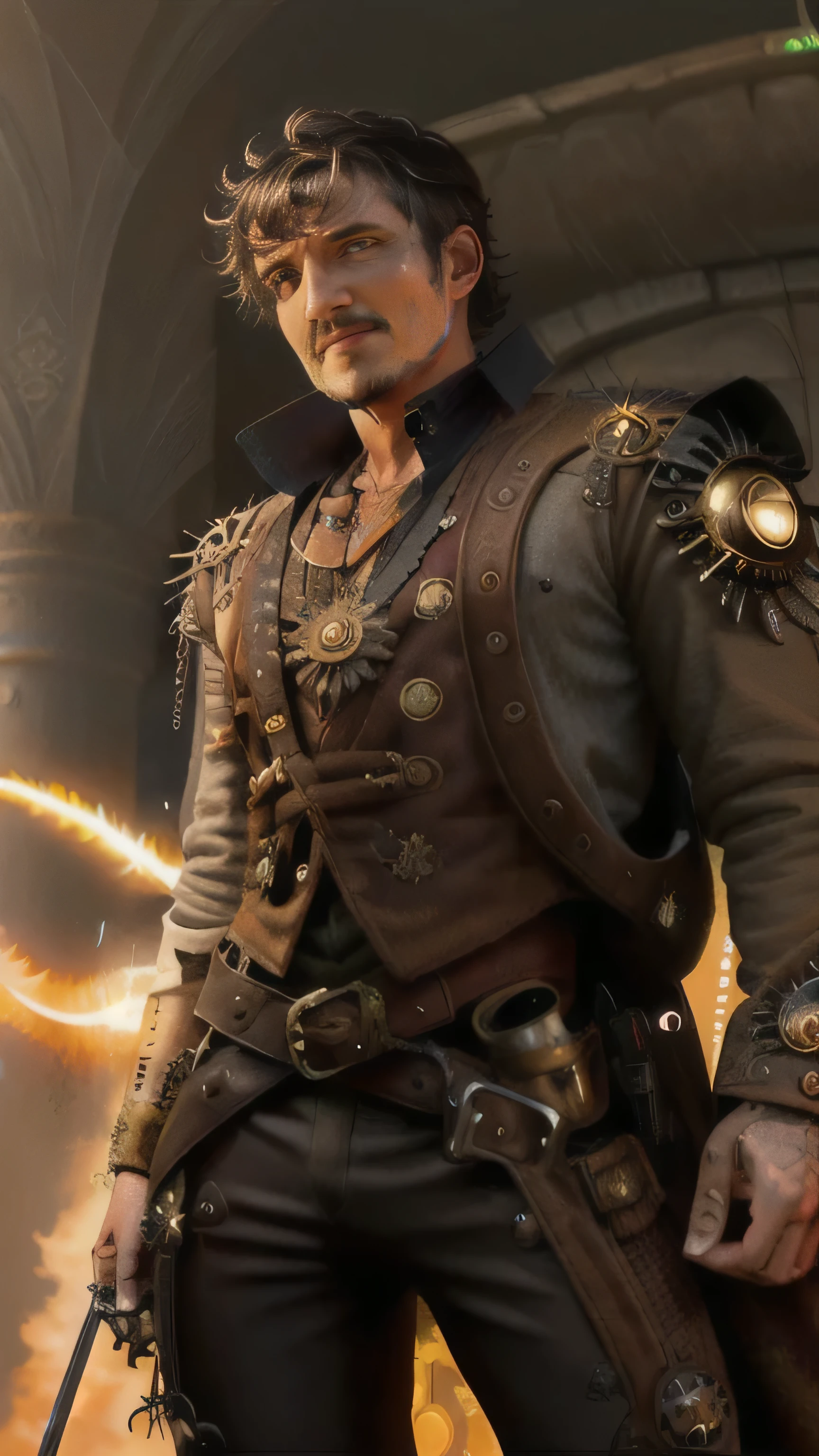 steampunkai, (Pedro Pascal) as Oberyn Martell, an east skilled steampunk warrior, light orange east steampunk techno armor, steampunk spear, standing, on the steampunk battle arena, Game of Thgrones, (1man), (solo), (full body view), beautiful detailed glow, detailed, cinematic light, intricate detail, realistic, highres, detailed facial features, high detail, sharp focus, smooth, aesthetic, extremely detailed, stamp, octane render