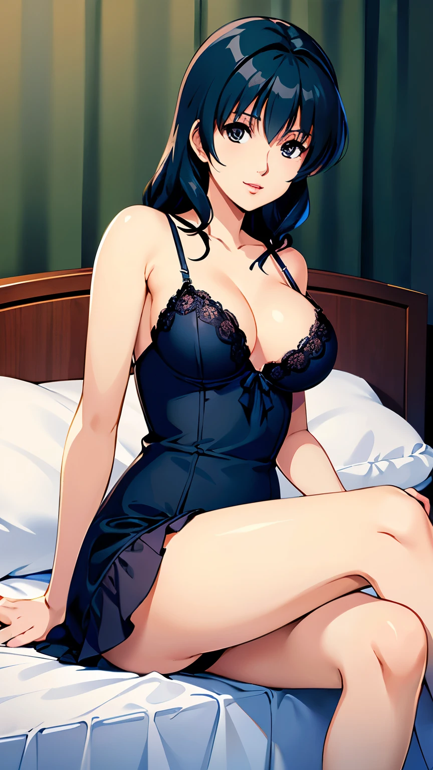 LynnMinmay, 1girl, solo, black hair, ultra-detailed, best quality, masterpiece, illustration, game cg, lingerie, bed, sitting