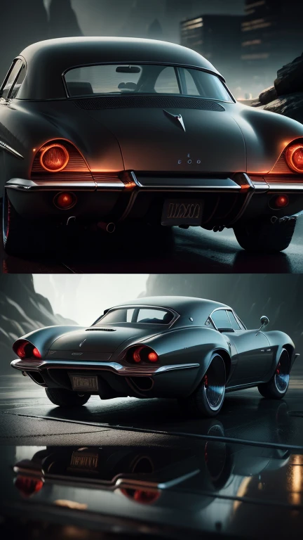 1960s luxury futuristic fantasy sedan, 1 car, rear view, highly detailed, cinematic lighting, dramatic, intricate, photorealistic, 4k, 8k, hyperrealistic, dramatic chiaroscuro lighting, moody atmosphere, vivid colors, glossy reflection, sleek design, chrome accents, elegant curves, retro-futuristic style