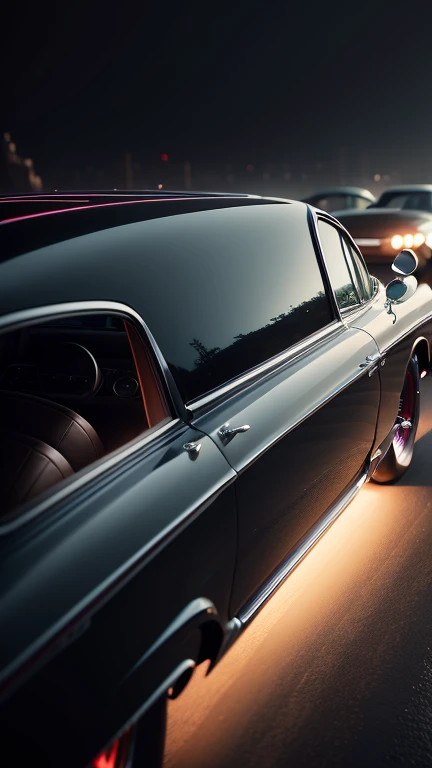 1960s luxury futuristic fantasy sedan, 1 car, rear view, highly detailed, cinematic lighting, dramatic, intricate, photorealistic, 4k, 8k, hyperrealistic, dramatic chiaroscuro lighting, moody atmosphere, vivid colors, glossy reflection, sleek design, chrome accents, elegant curves, retro-futuristic style
